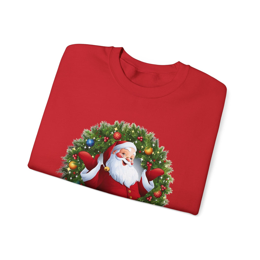 Santa in Wreath Crewneck Sweatshirt | Christmas Tree Sleeve Accents - Etna Gift