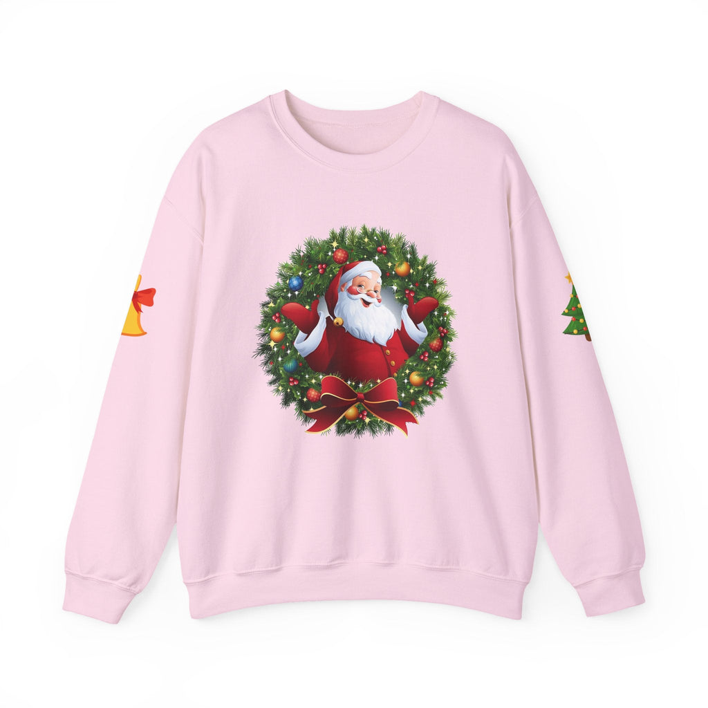 Santa in Wreath Crewneck Sweatshirt | Christmas Tree Sleeve Accents - Etna Gift