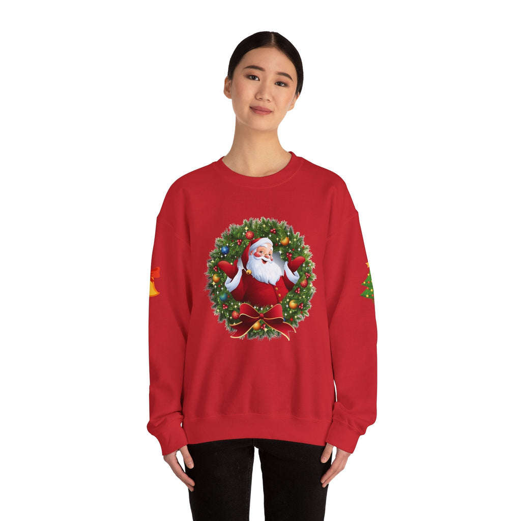 Santa in Wreath Crewneck Sweatshirt | Christmas Tree Sleeve Accents - Etna Gift