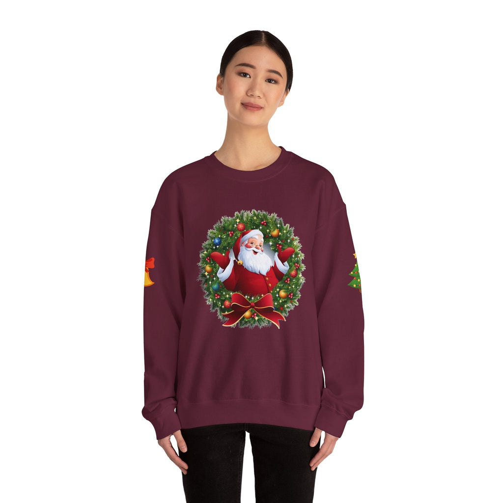 Santa in Wreath Crewneck Sweatshirt Christmas Tree Sleeve Accents - Etna Gift