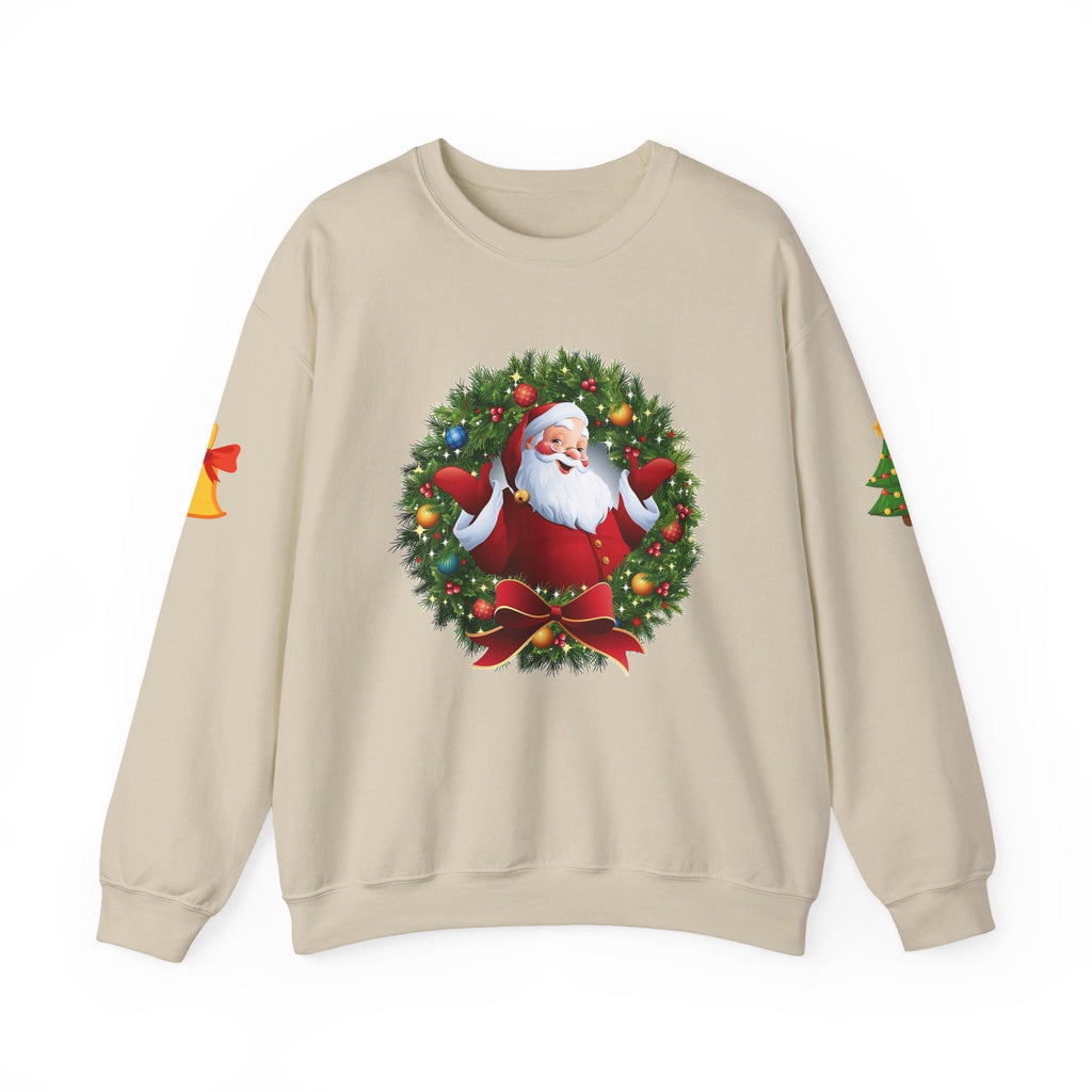 Santa in Wreath Crewneck Sweatshirt Christmas Tree Sleeve Accents - Etna Gift