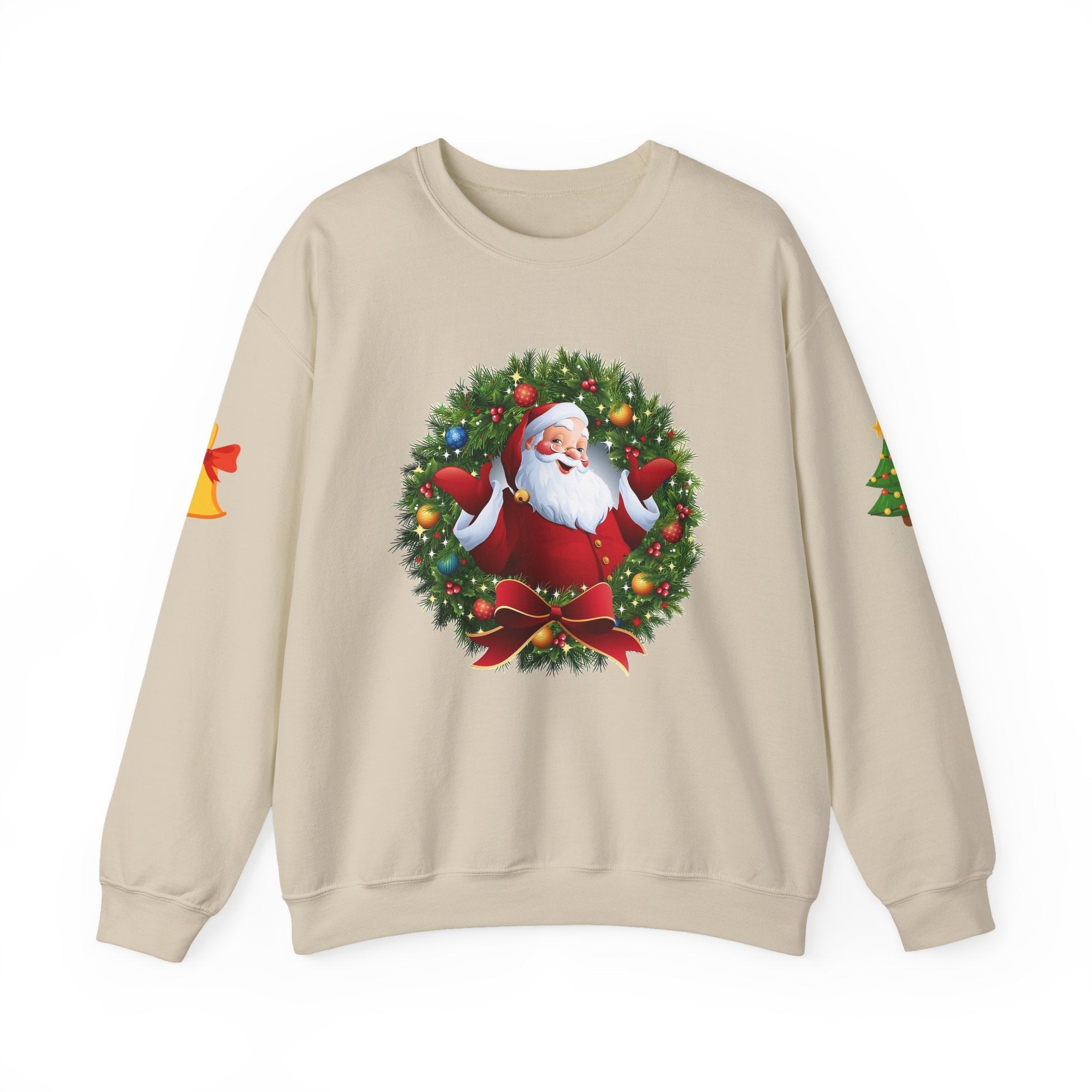 Santa in Wreath Crewneck Sweatshirt Christmas Tree Sleeve Accents - Etna Gift