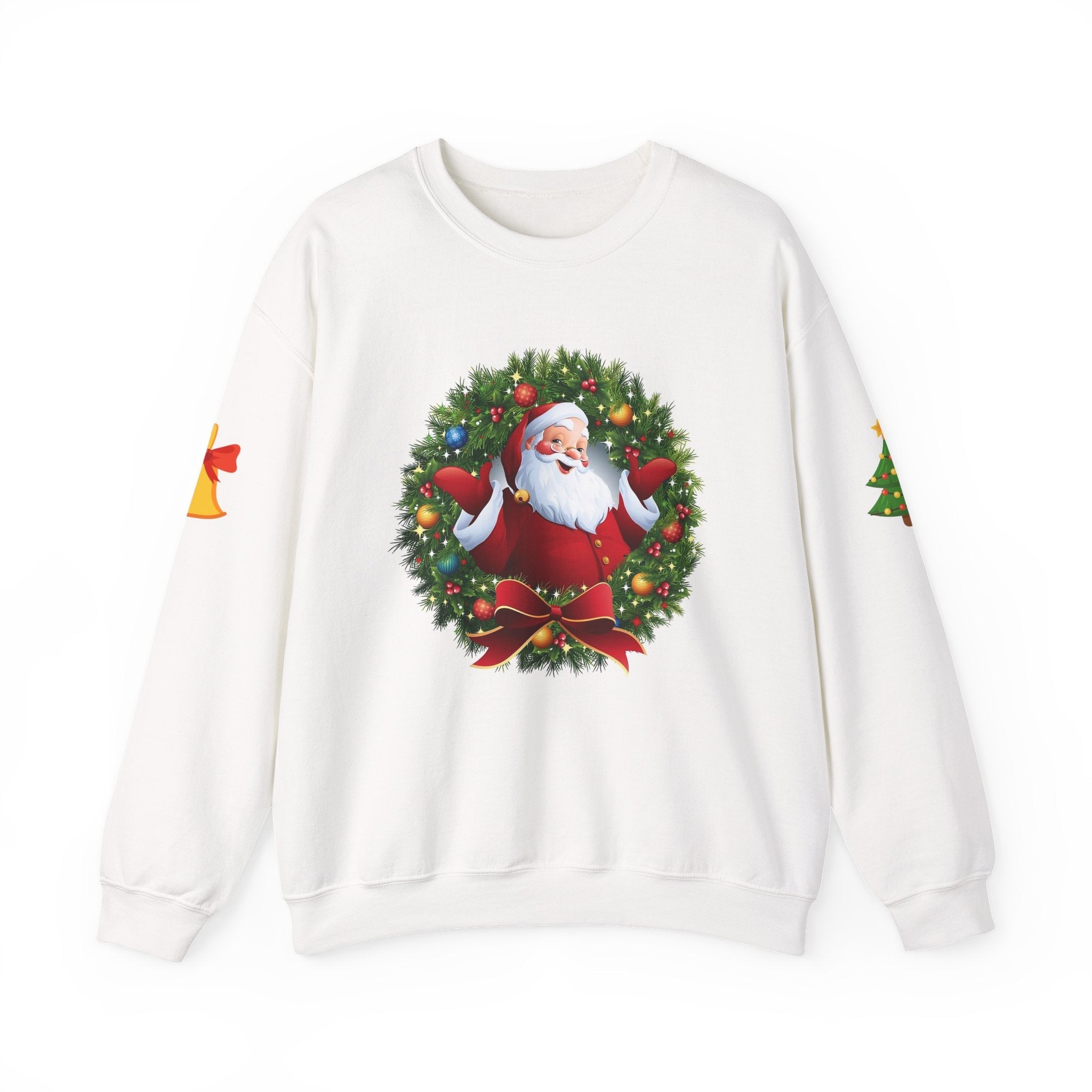 Santa in Wreath Crewneck Sweatshirt | Christmas Tree Sleeve Accents - Etna Gift