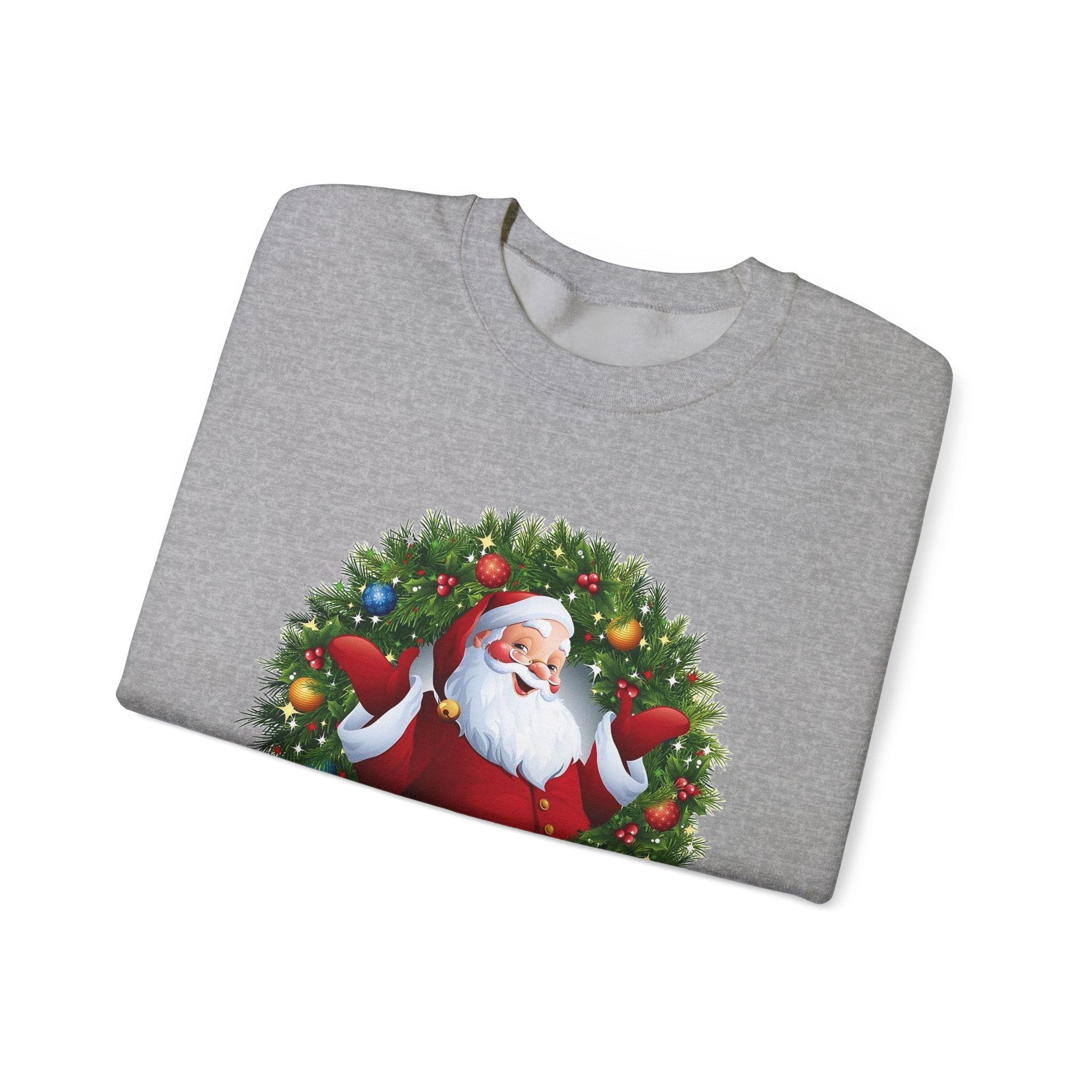 Santa in Wreath Crewneck Sweatshirt | Christmas Tree Sleeve Accents - Etna Gift