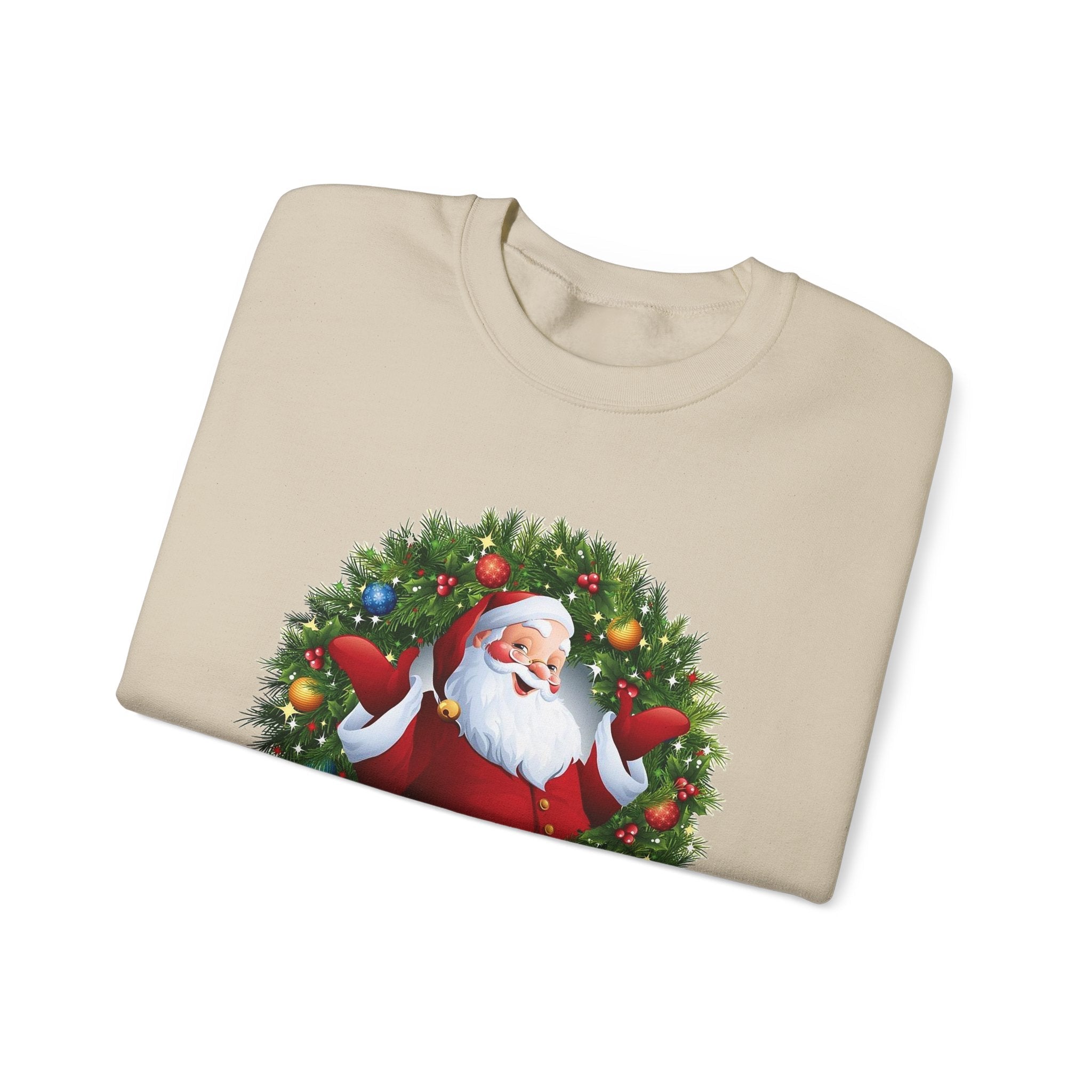Santa in Wreath Crewneck Sweatshirt Christmas Tree Sleeve Accents - Etna Gift