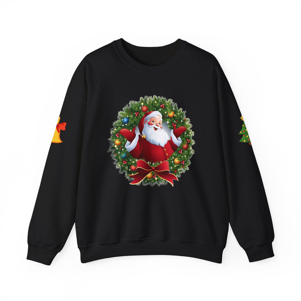 Santa in Wreath Crewneck Sweatshirt | Christmas Tree Sleeve Accents - Etna Gift
