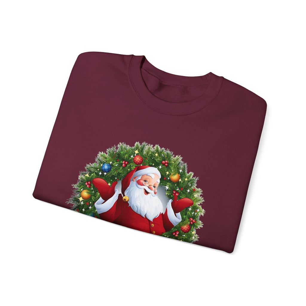 Santa in Wreath Crewneck Sweatshirt | Christmas Tree Sleeve Accents - Etna Gift