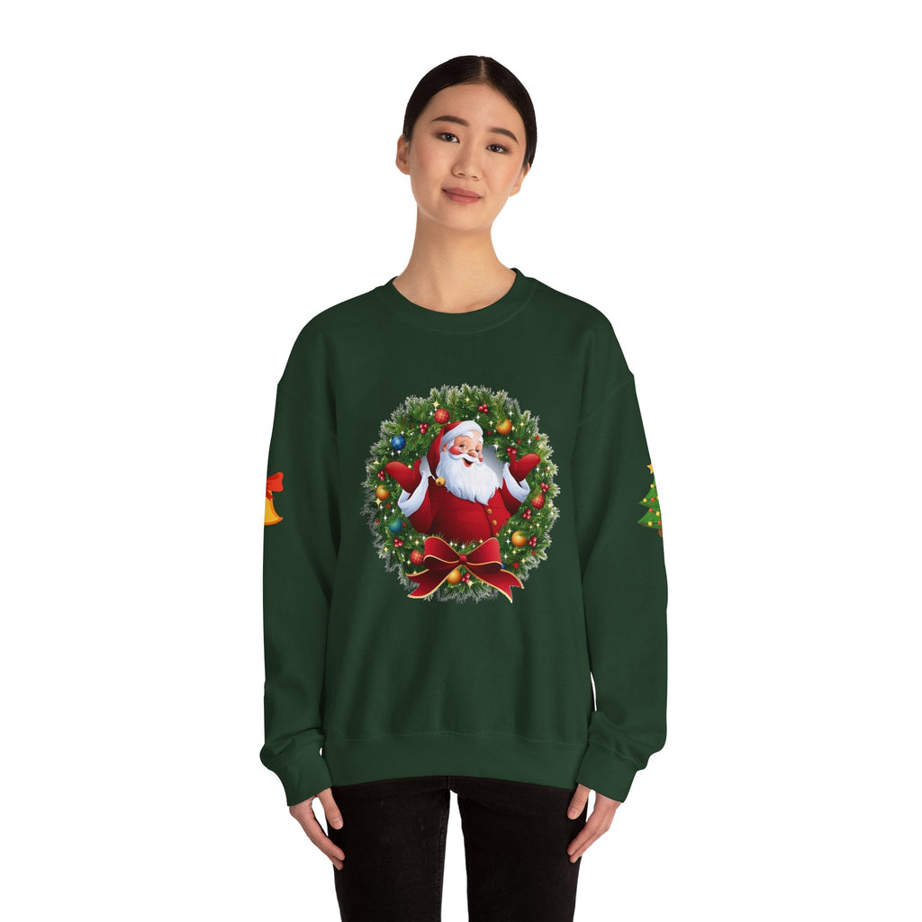 Santa in Wreath Crewneck Sweatshirt Christmas Tree Sleeve Accents - Etna Gift