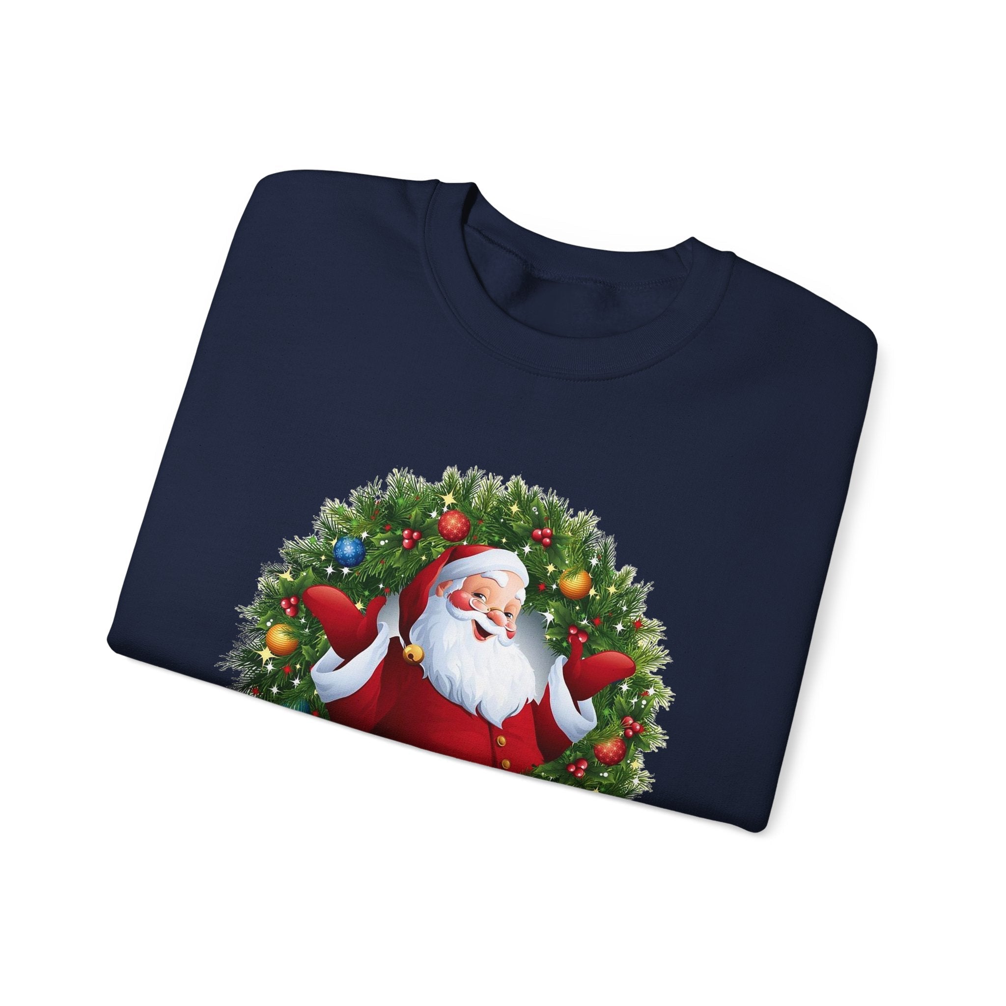 Santa in Wreath Crewneck Sweatshirt | Christmas Tree Sleeve Accents - Etna Gift