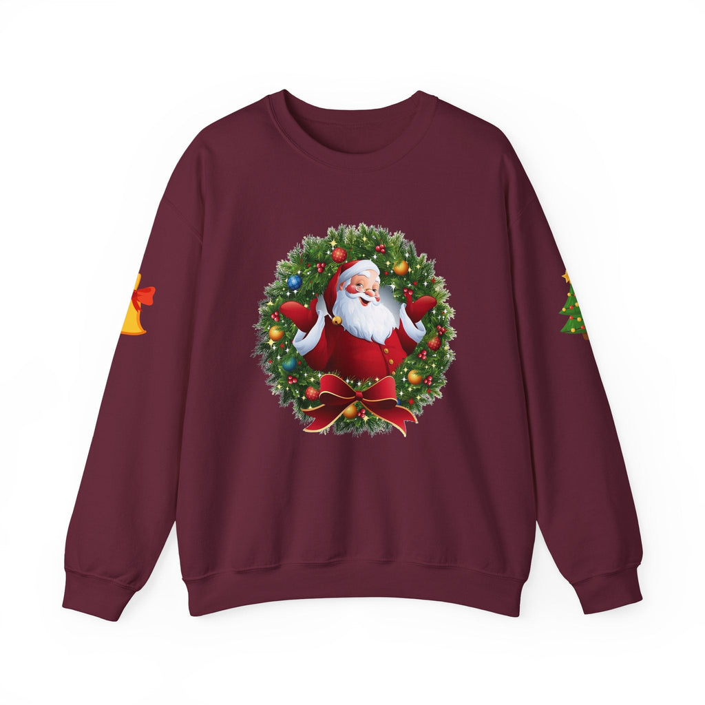 Santa in Wreath Crewneck Sweatshirt | Christmas Tree Sleeve Accents - Etna Gift
