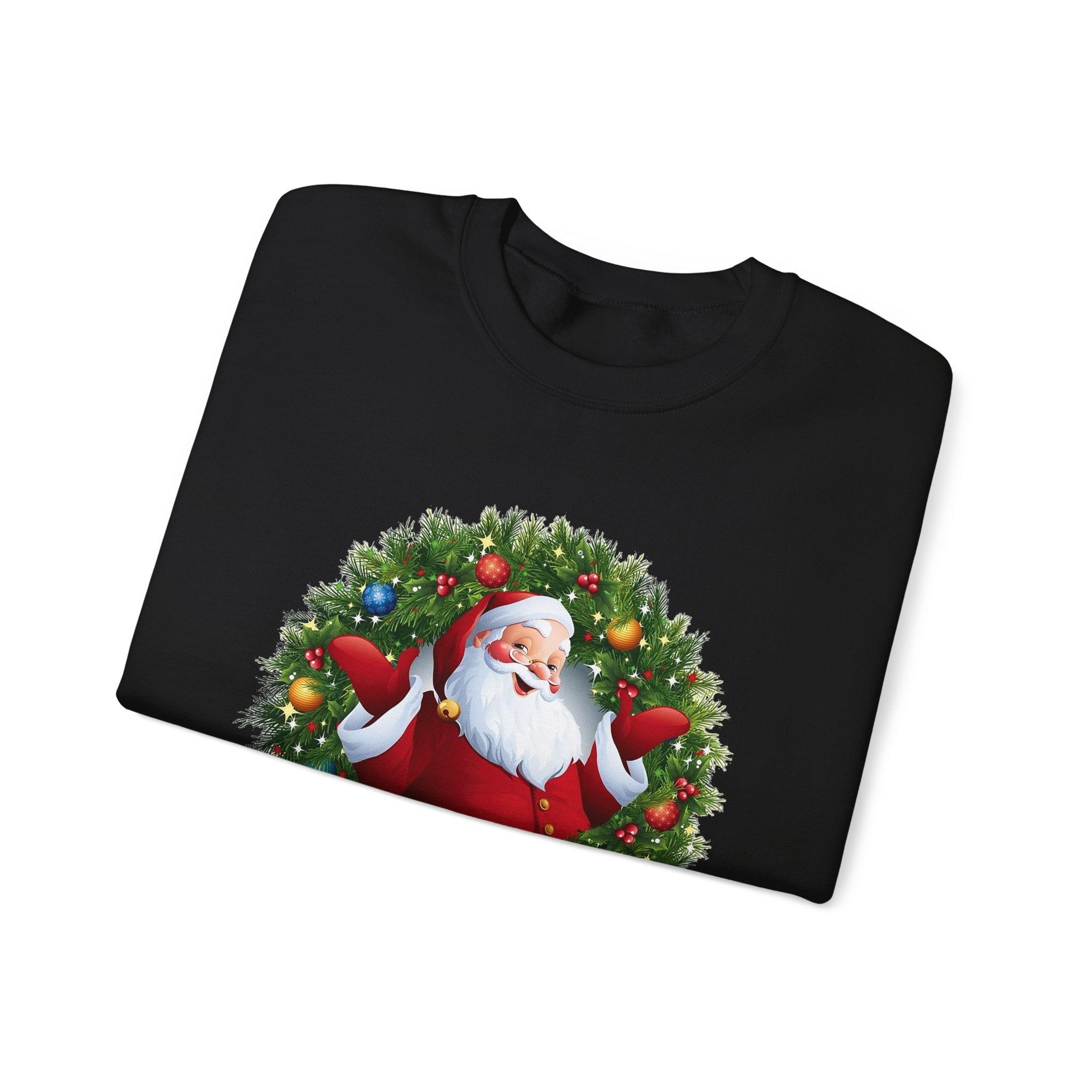 Santa in Wreath Crewneck Sweatshirt Christmas Tree Sleeve Accents - Etna Gift