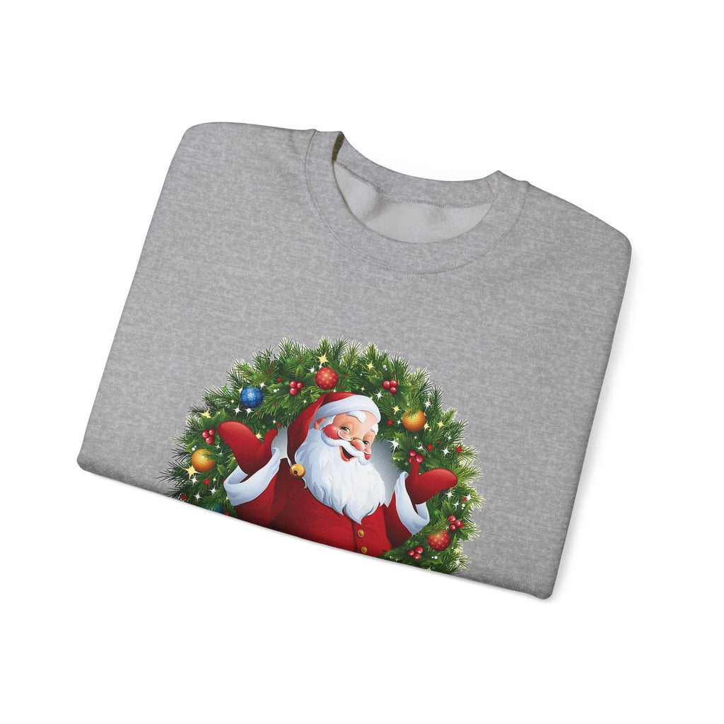 Santa in Wreath Crewneck Sweatshirt Christmas Tree Sleeve Accents - Etna Gift