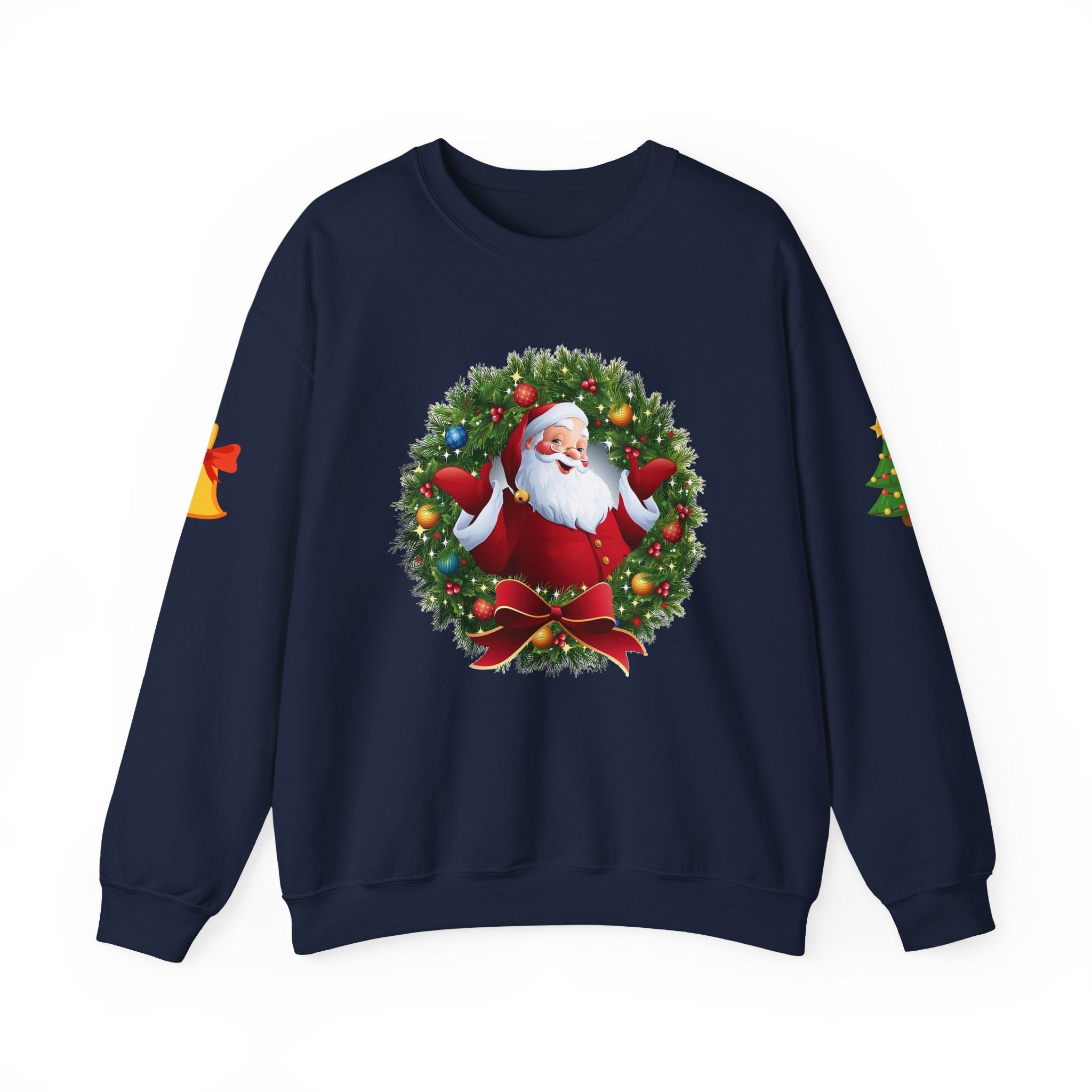 Santa in Wreath Crewneck Sweatshirt Christmas Tree Sleeve Accents - Etna Gift
