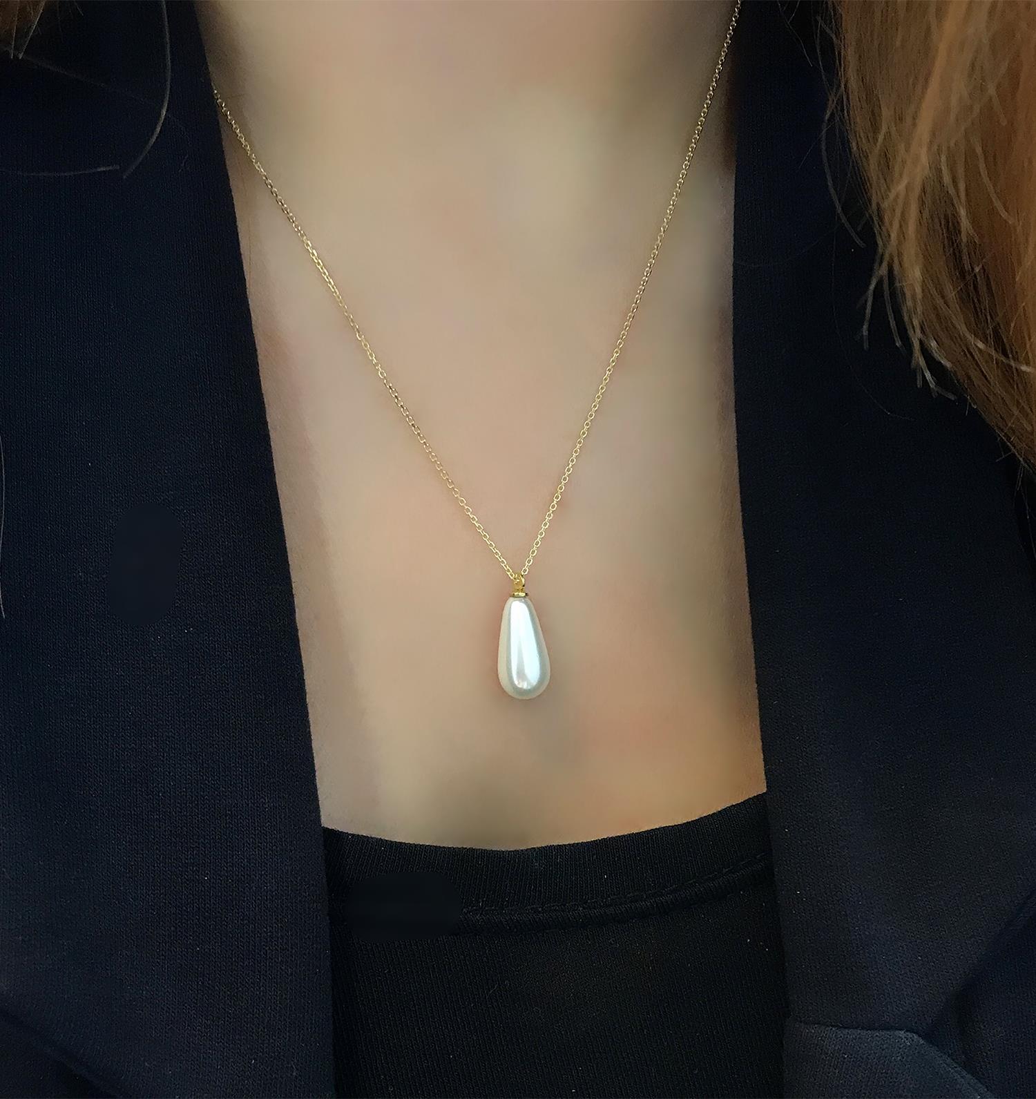 Stela Drop Pearl Sterling Silver Gold Necklace - Etna Gift