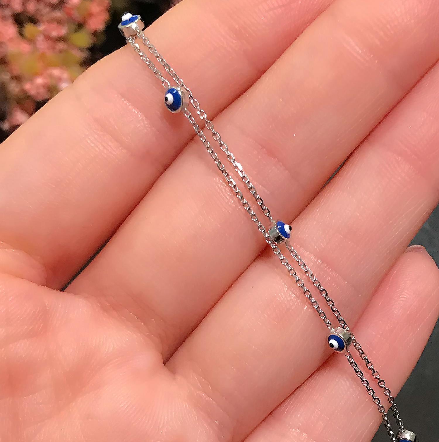 Nazar bead silver 2 row bracelet 925 sterling silver bracelet