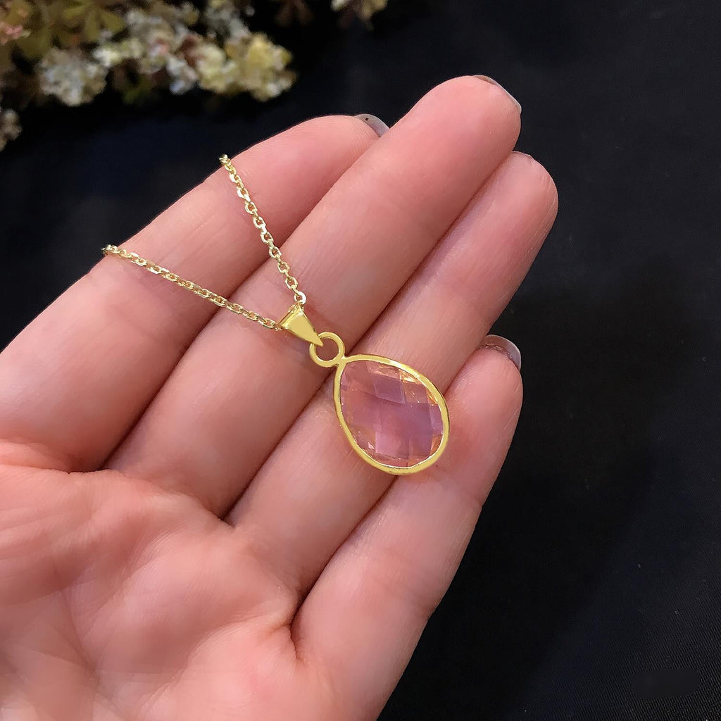 Pink quartz necklace 925 sterling silver drop necklace