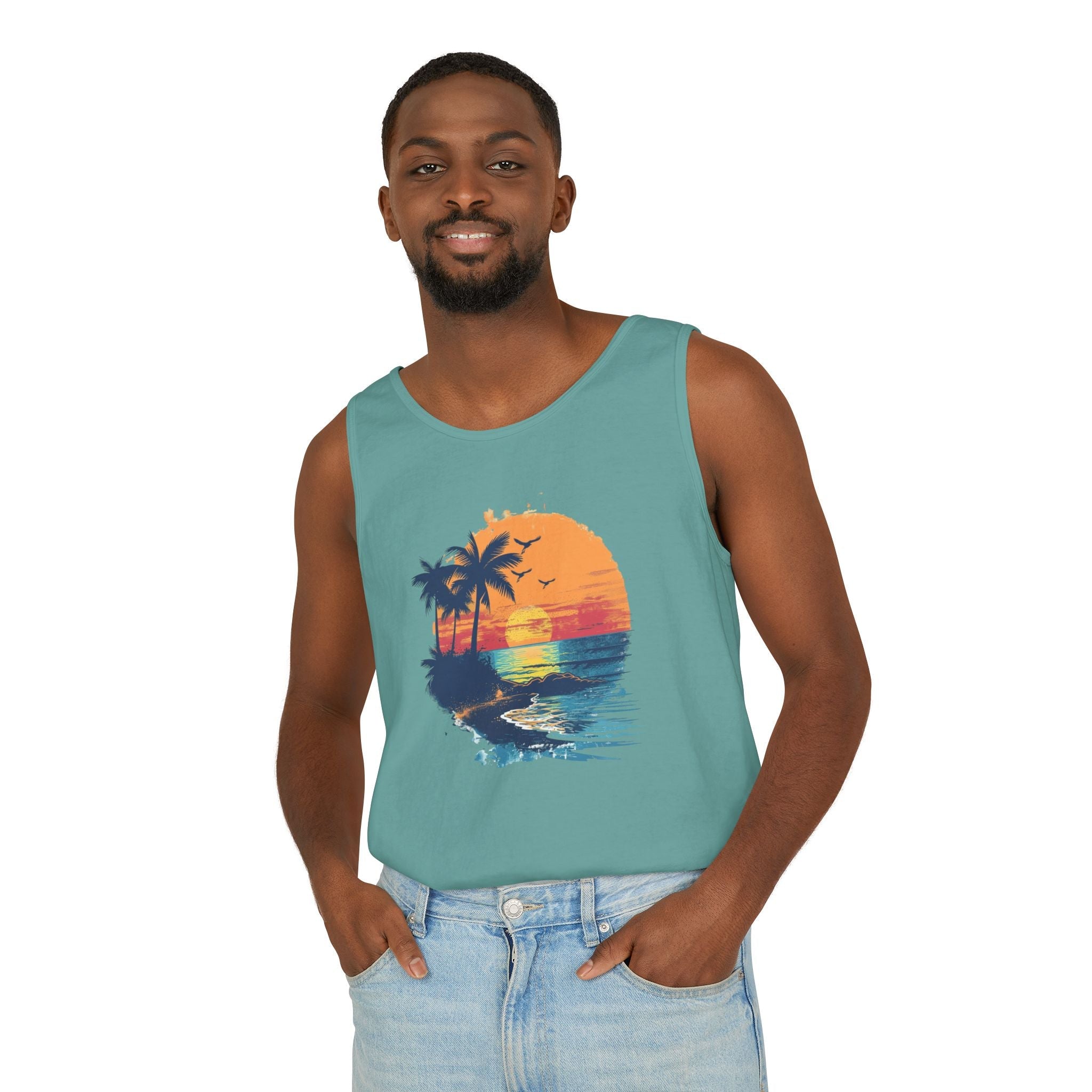 Sunset Beach Tank Top Retro Palm Island Graphic Summer Vest - Etna Gift