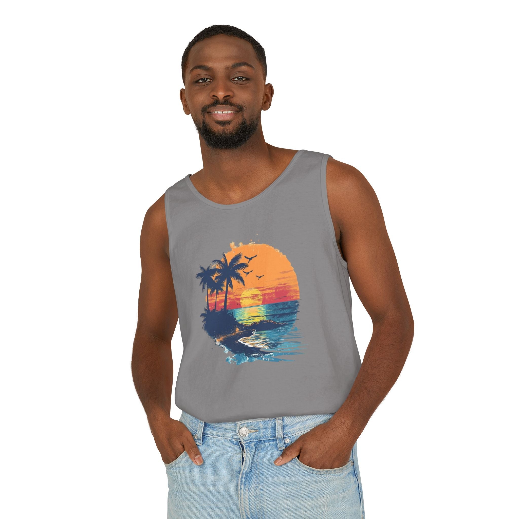 Sunset Beach Tank Top Retro Palm Island Graphic Summer Vest - Etna Gift