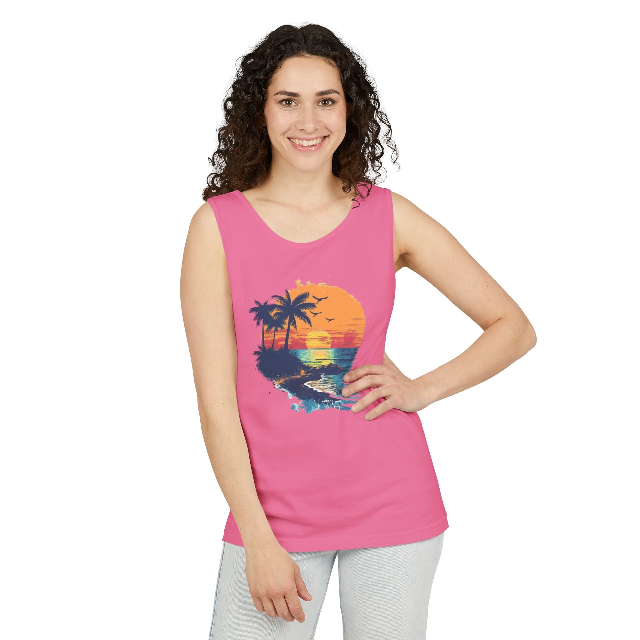 Sunset Beach Tank Top Retro Palm Island Graphic Summer Vest - Etna Gift