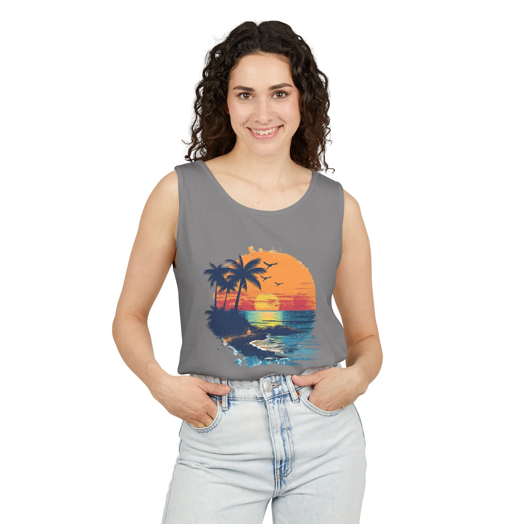 Sunset Beach Tank Top Retro Palm Island Graphic Summer Vest - Etna Gift