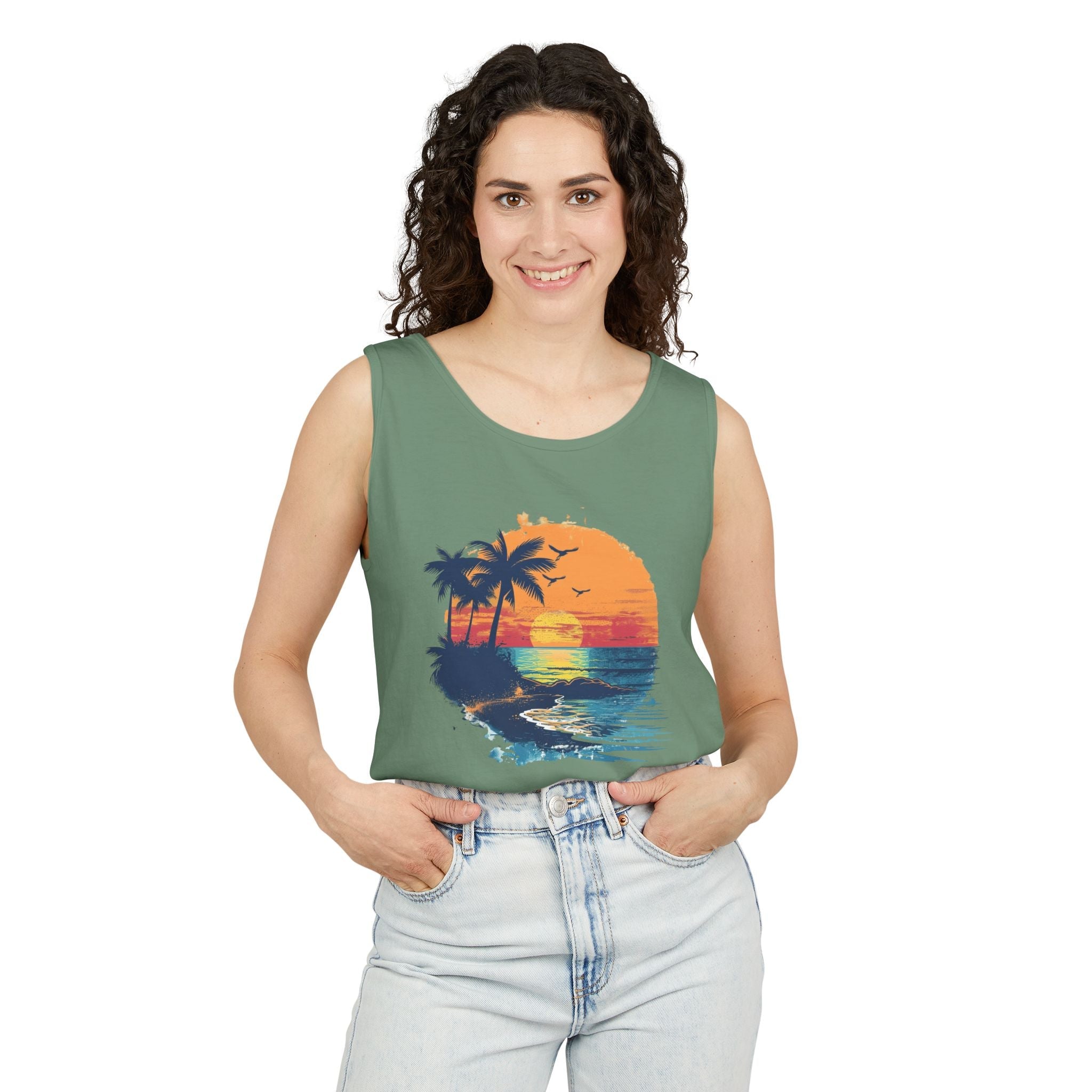 Sunset Beach Tank Top Retro Palm Island Graphic Summer Vest - Etna Gift