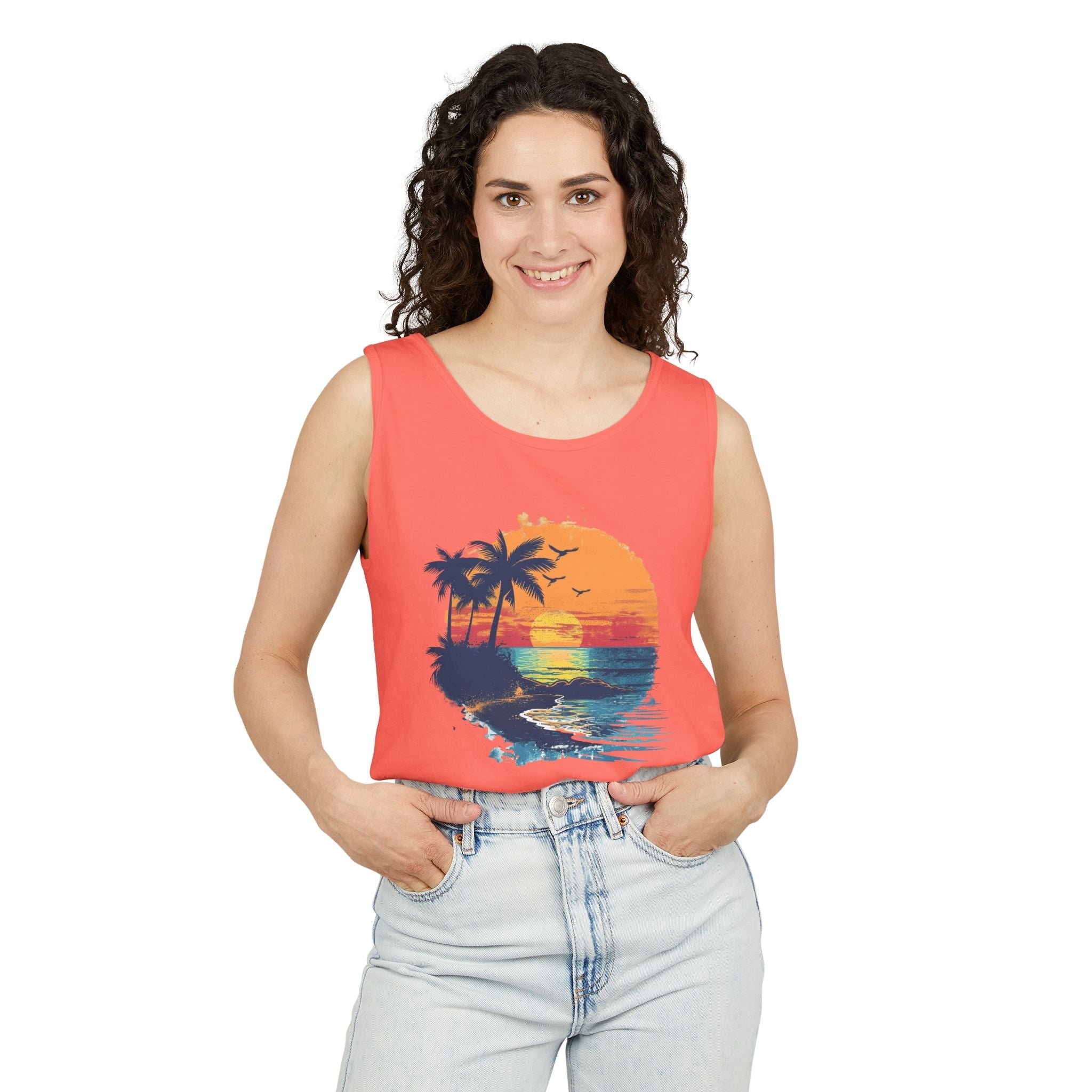 Sunset Beach Tank Top Retro Palm Island Graphic Summer Vest - Etna Gift