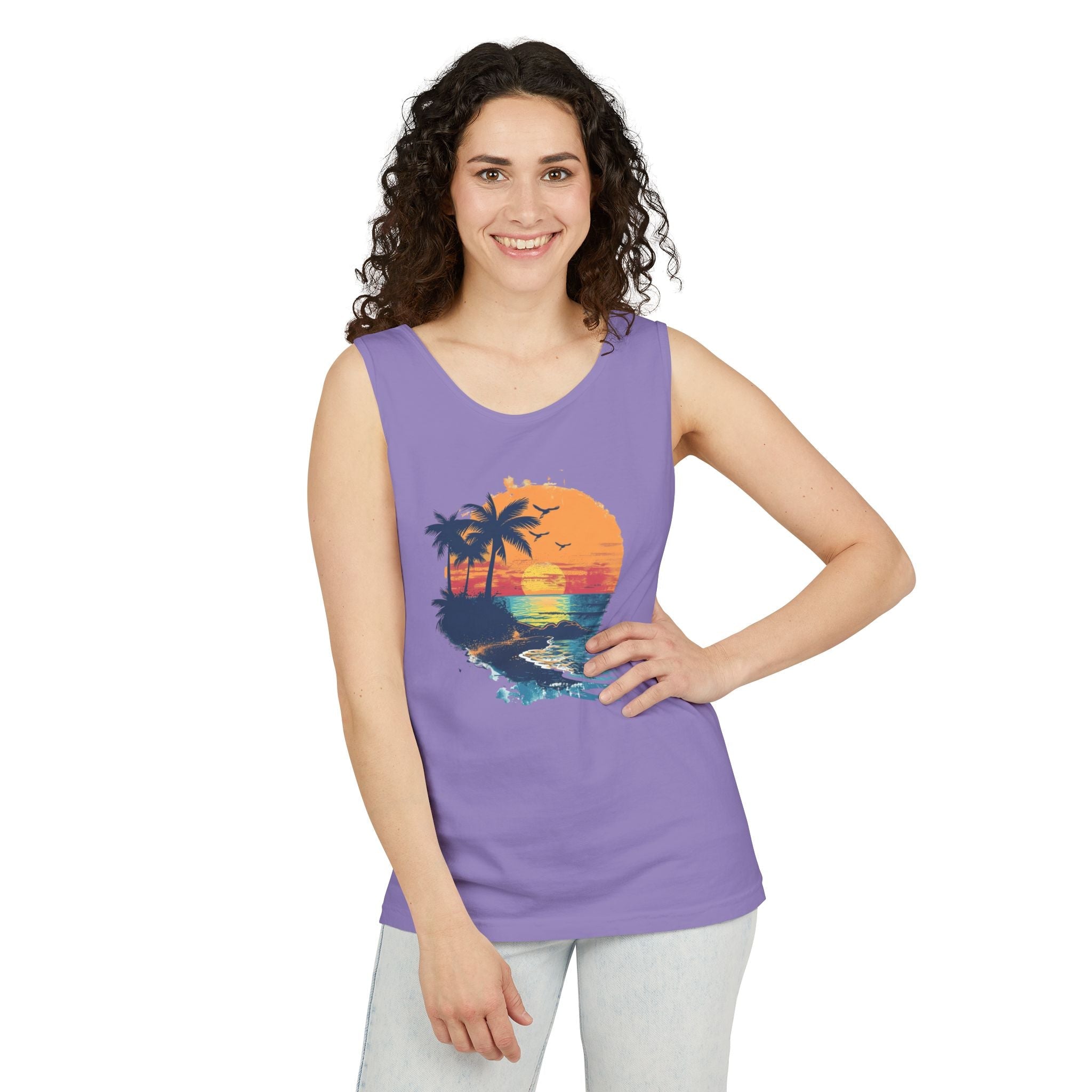 Sunset Beach Tank Top Retro Palm Island Graphic Summer Vest - Etna Gift