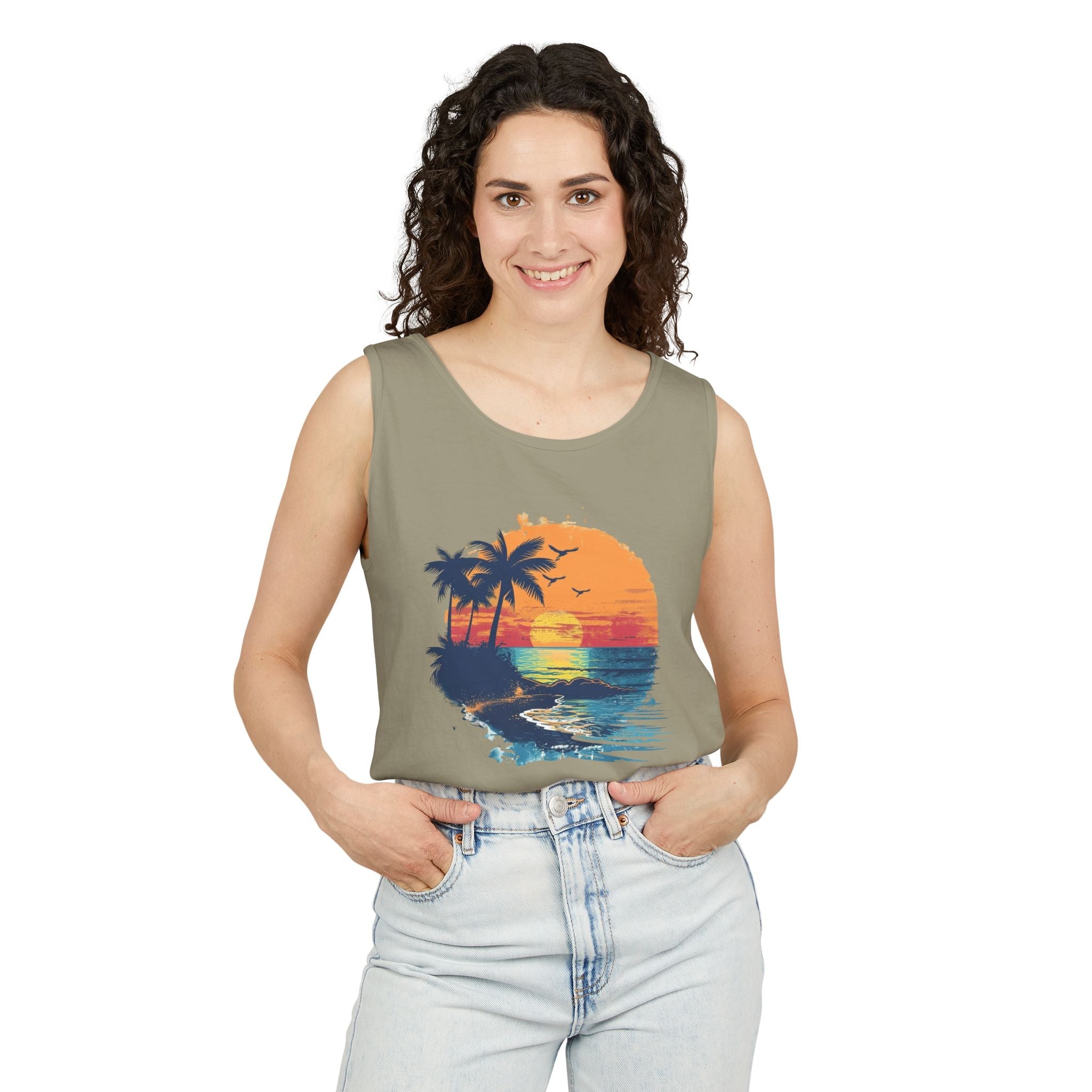 Sunset Beach Tank Top Retro Palm Island Graphic Summer Vest - Etna Gift