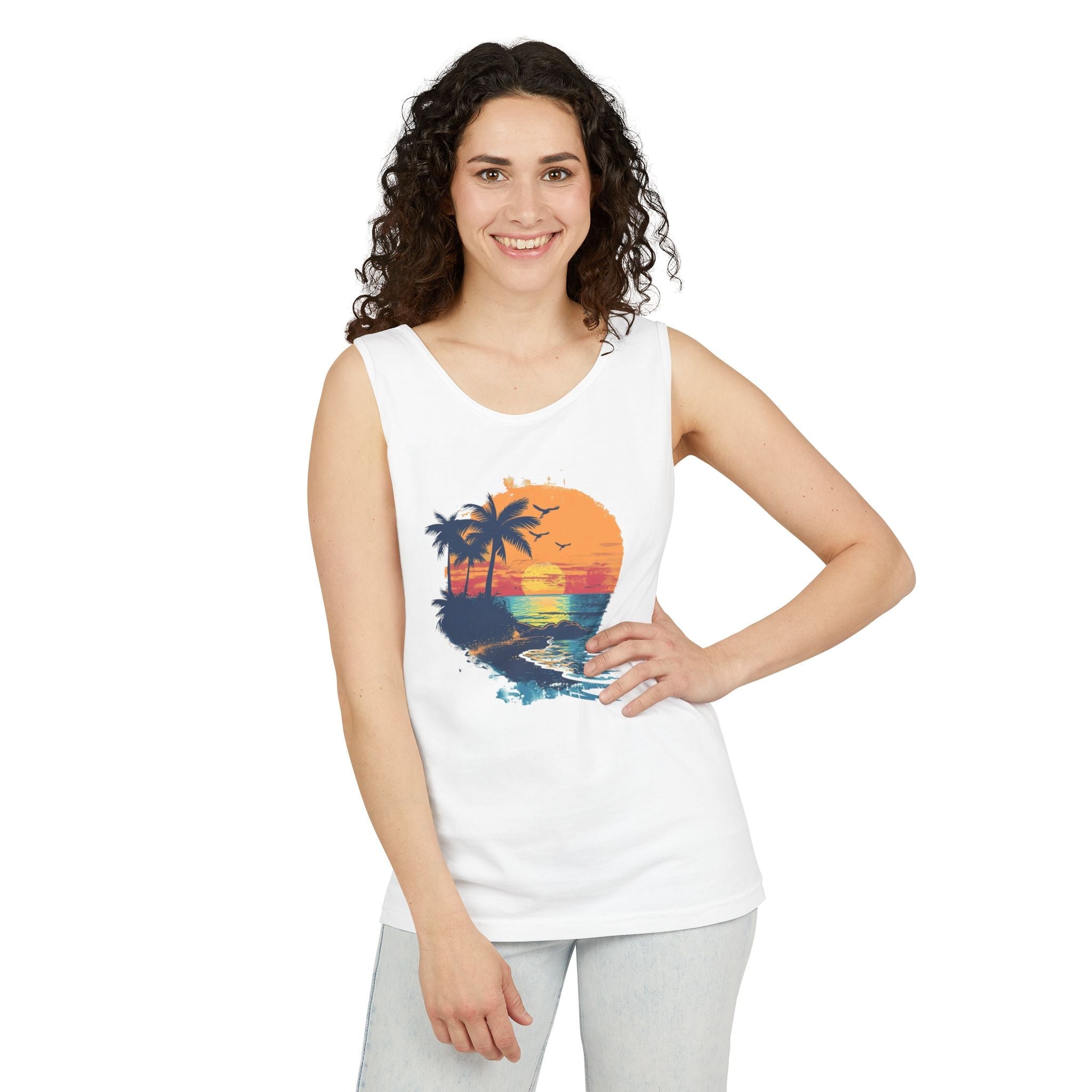 Sunset Beach Tank Top Retro Palm Island Graphic Summer Vest - Etna Gift