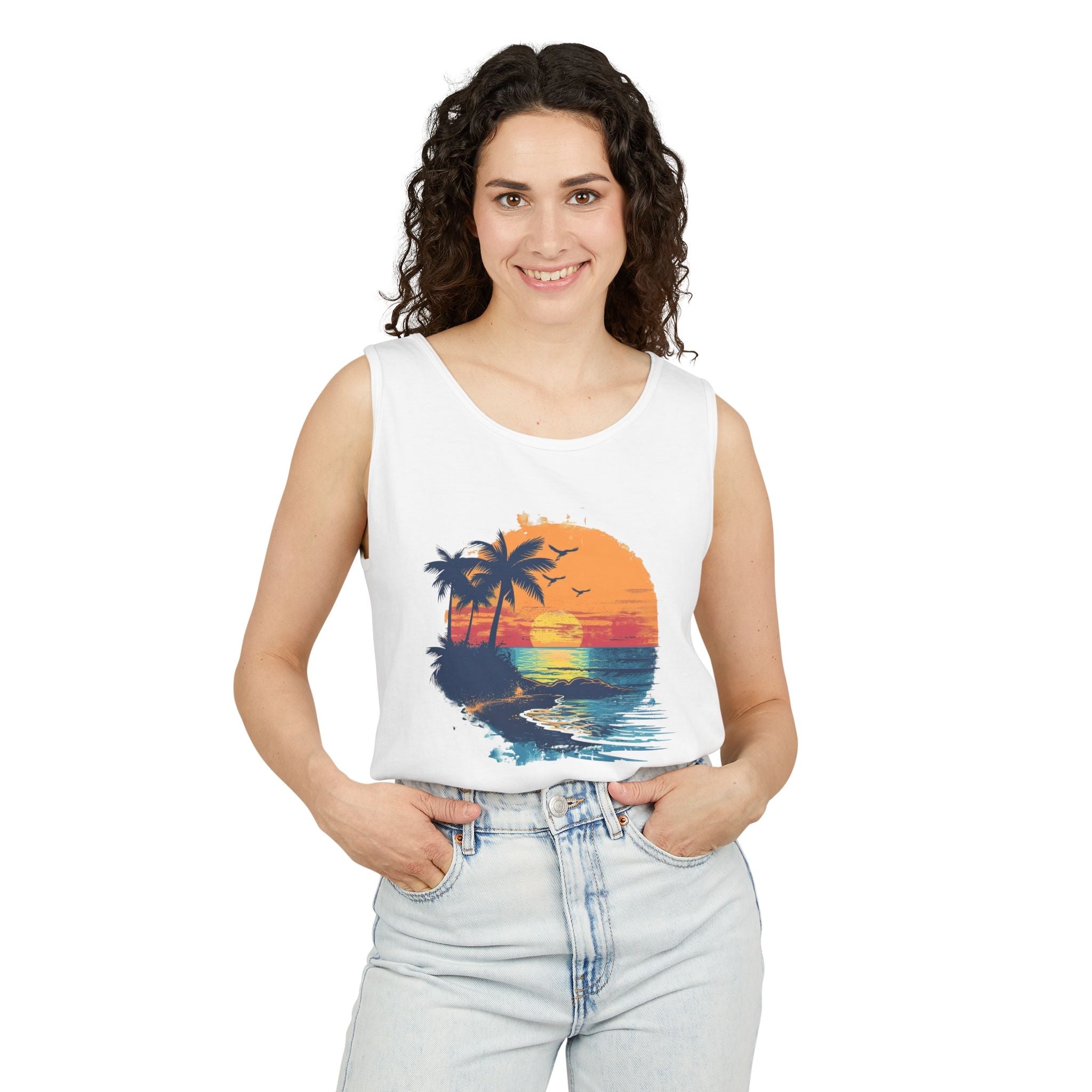 Sunset Beach Tank Top Retro Palm Island Graphic Summer Vest - Etna Gift