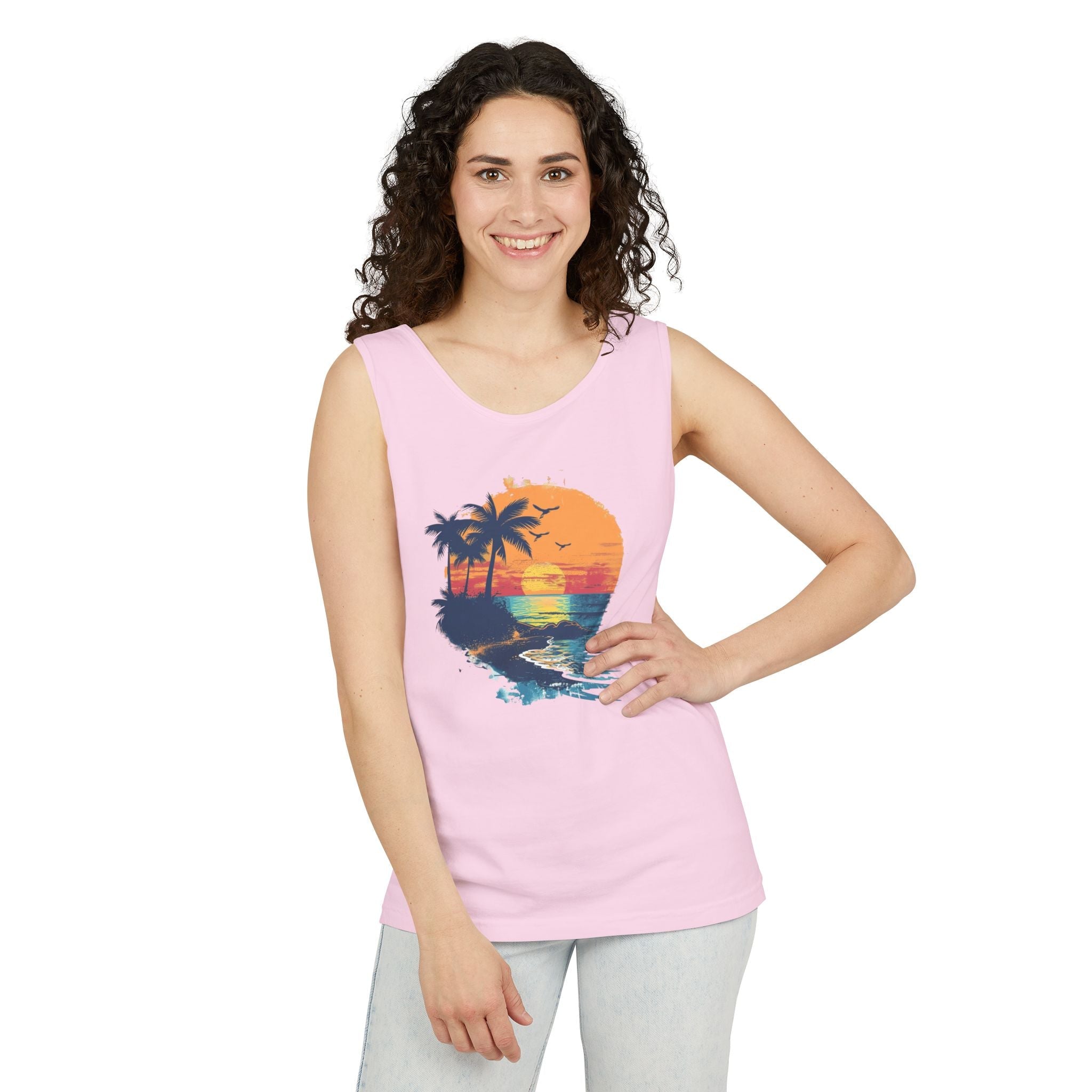 Sunset Beach Tank Top Retro Palm Island Graphic Summer Vest - Etna Gift