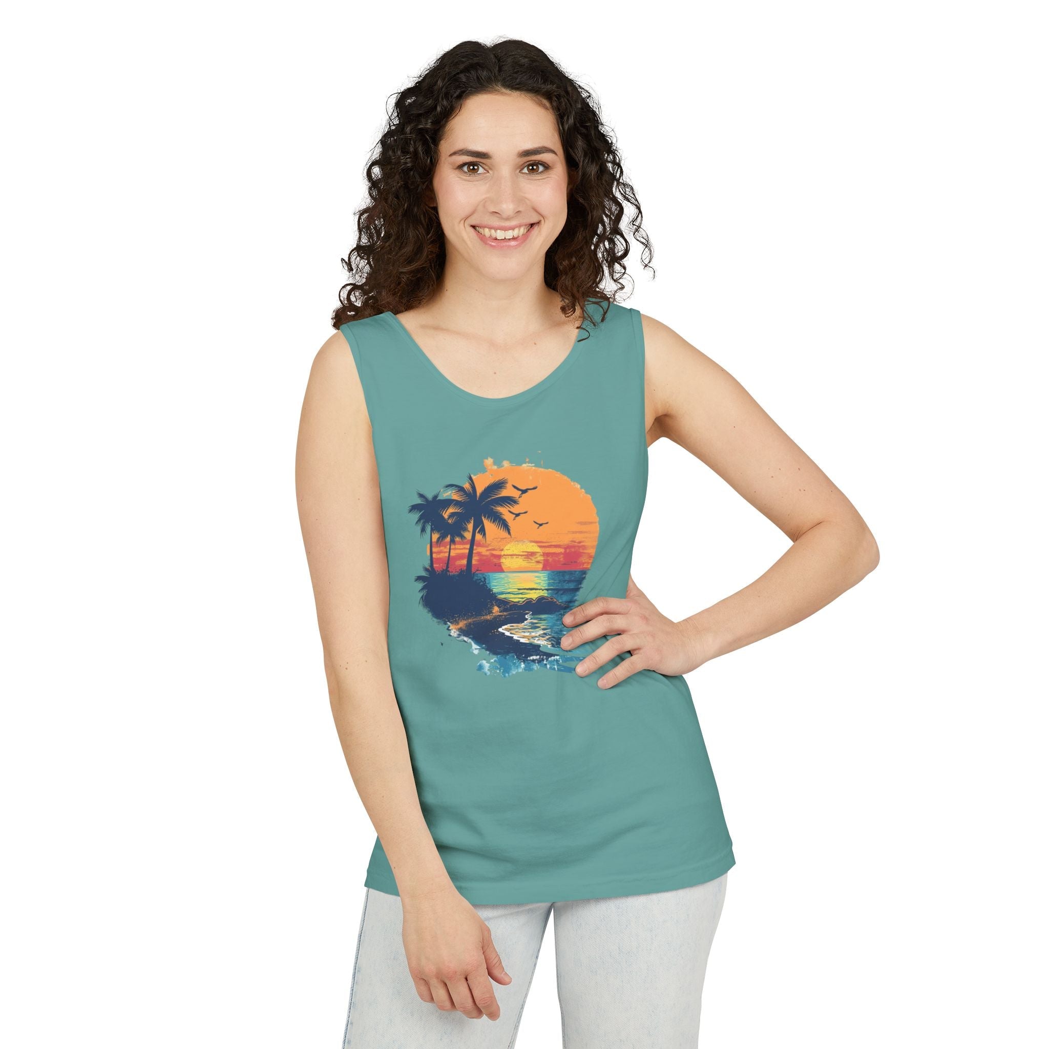Sunset Beach Tank Top Retro Palm Island Graphic Summer Vest - Etna Gift