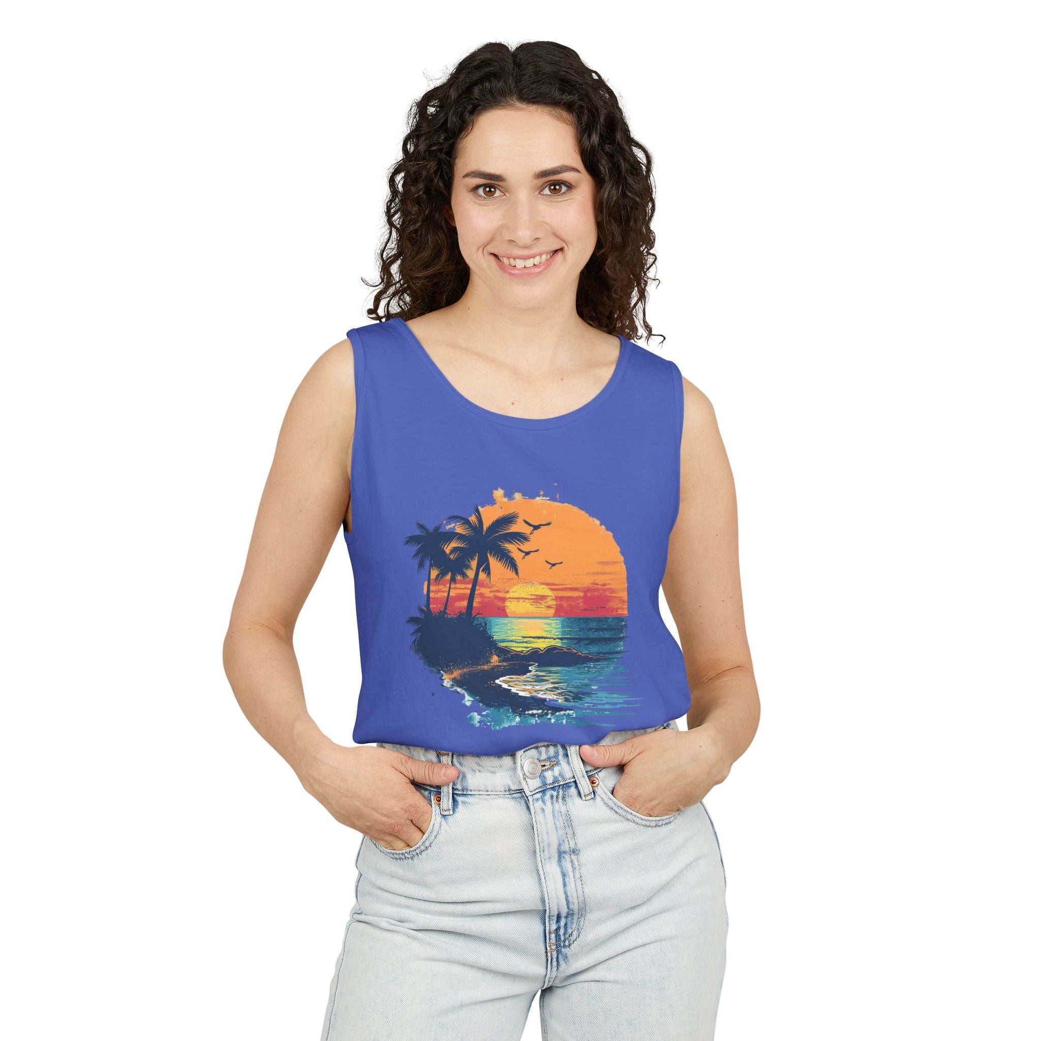 Sunset Beach Tank Top Retro Palm Island Graphic Summer Vest - Etna Gift