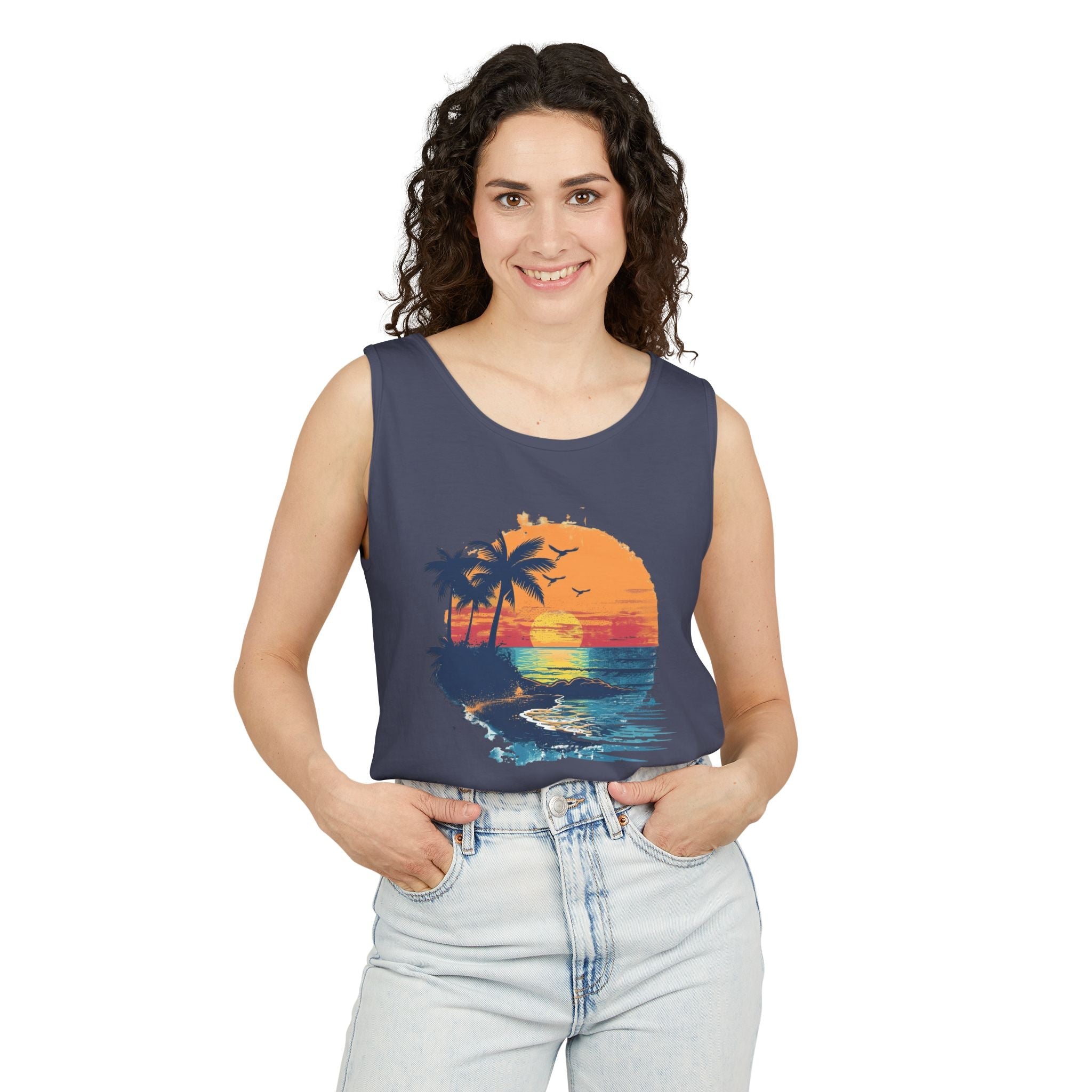 Sunset Beach Tank Top Retro Palm Island Graphic Summer Vest - Etna Gift