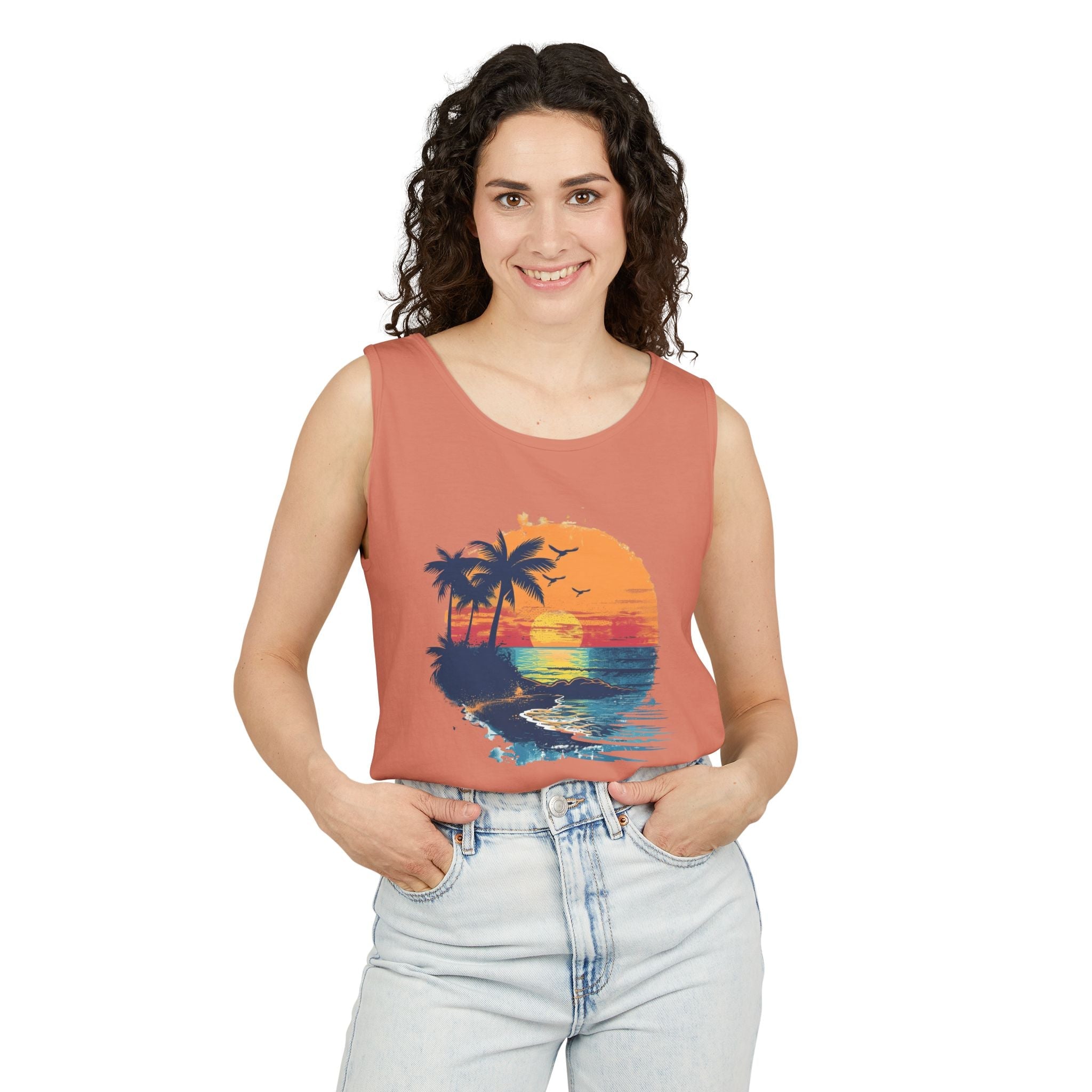 Sunset Beach Tank Top Retro Palm Island Graphic Summer Vest - Etna Gift