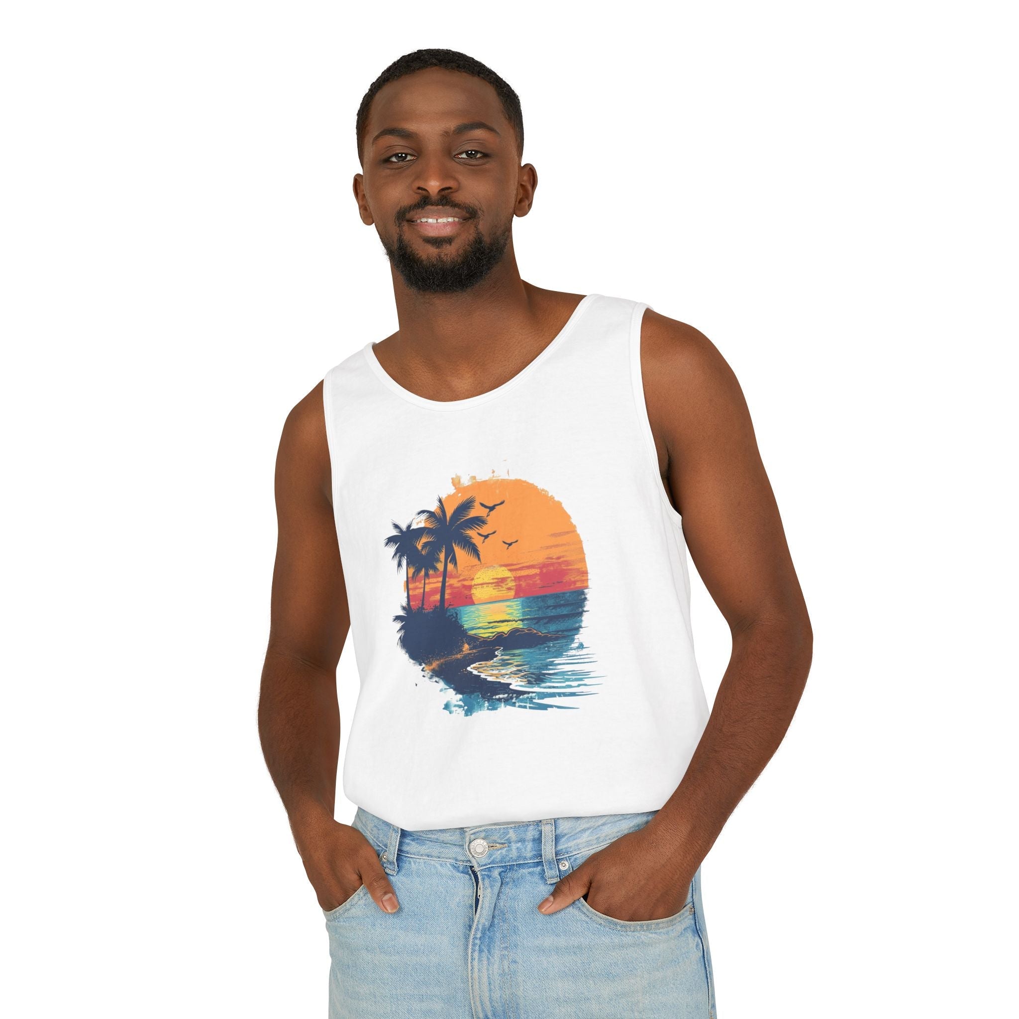 Sunset Beach Tank Top Retro Palm Island Graphic Summer Vest - Etna Gift