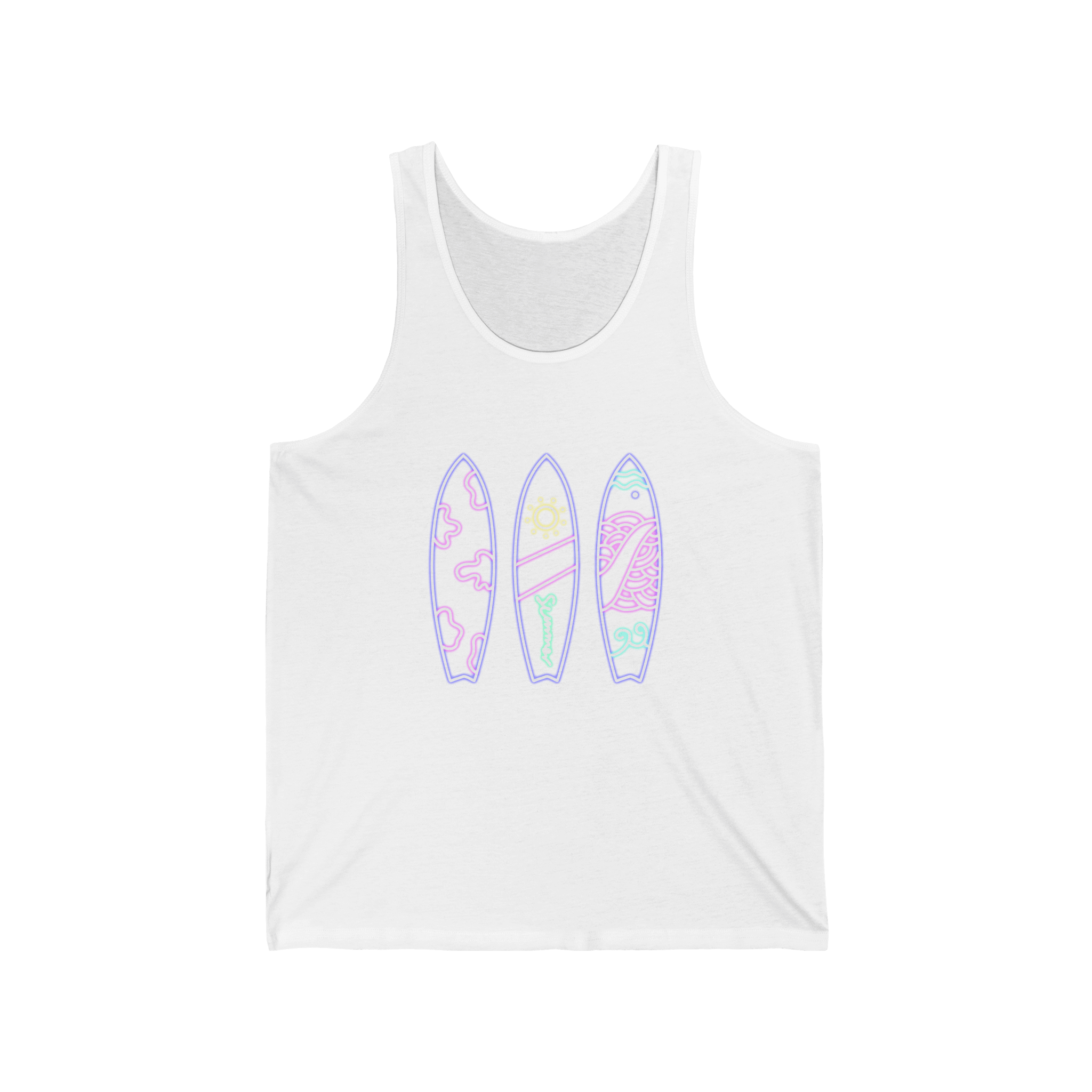 Surfboard Tank Top Beach Vibes Summer Tank with Colorful Surfboard Design - Etna Gift