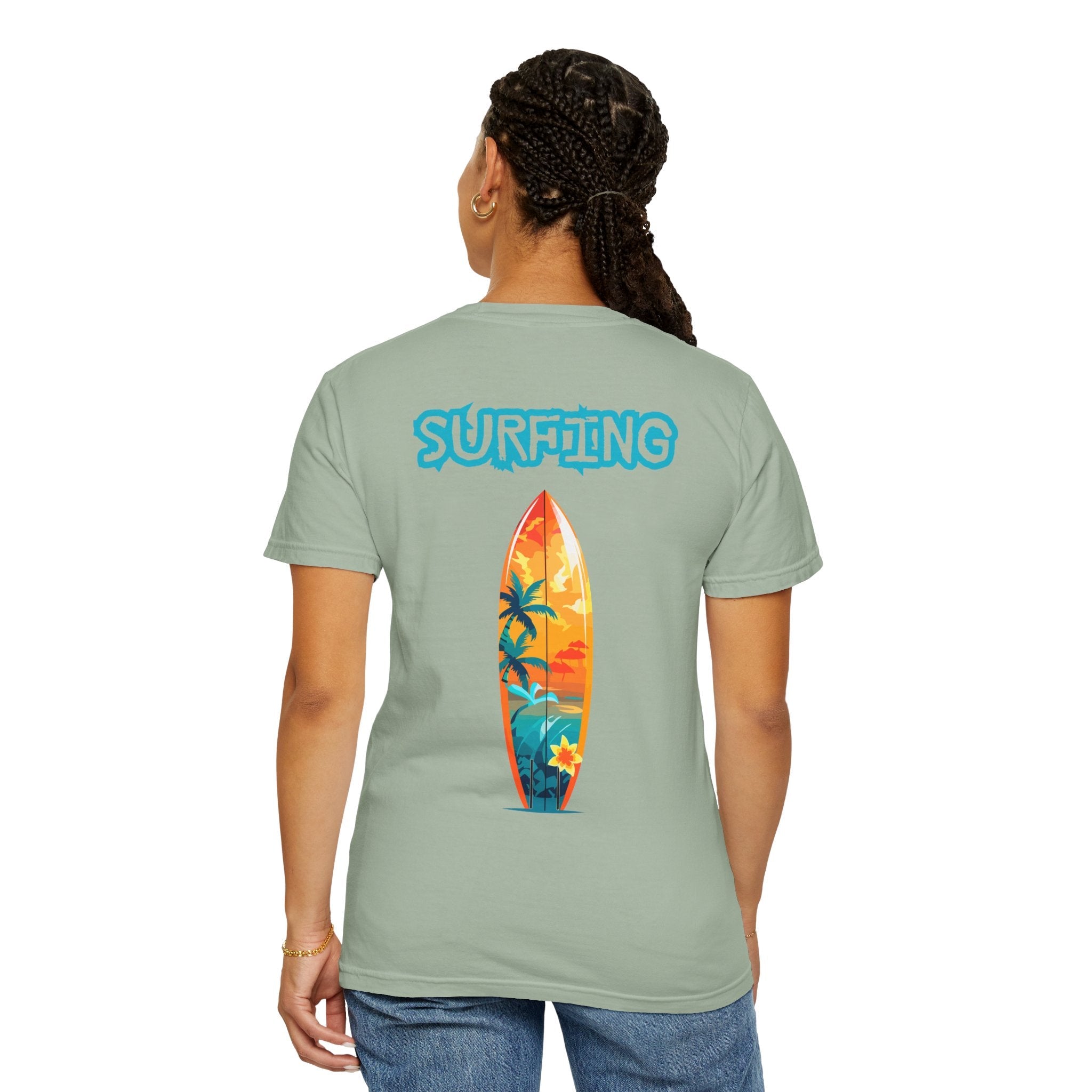 Surfing Tropical Board T-Shirt Beach Vibes Tee with Colorful Surfboard Design - Etna Gift