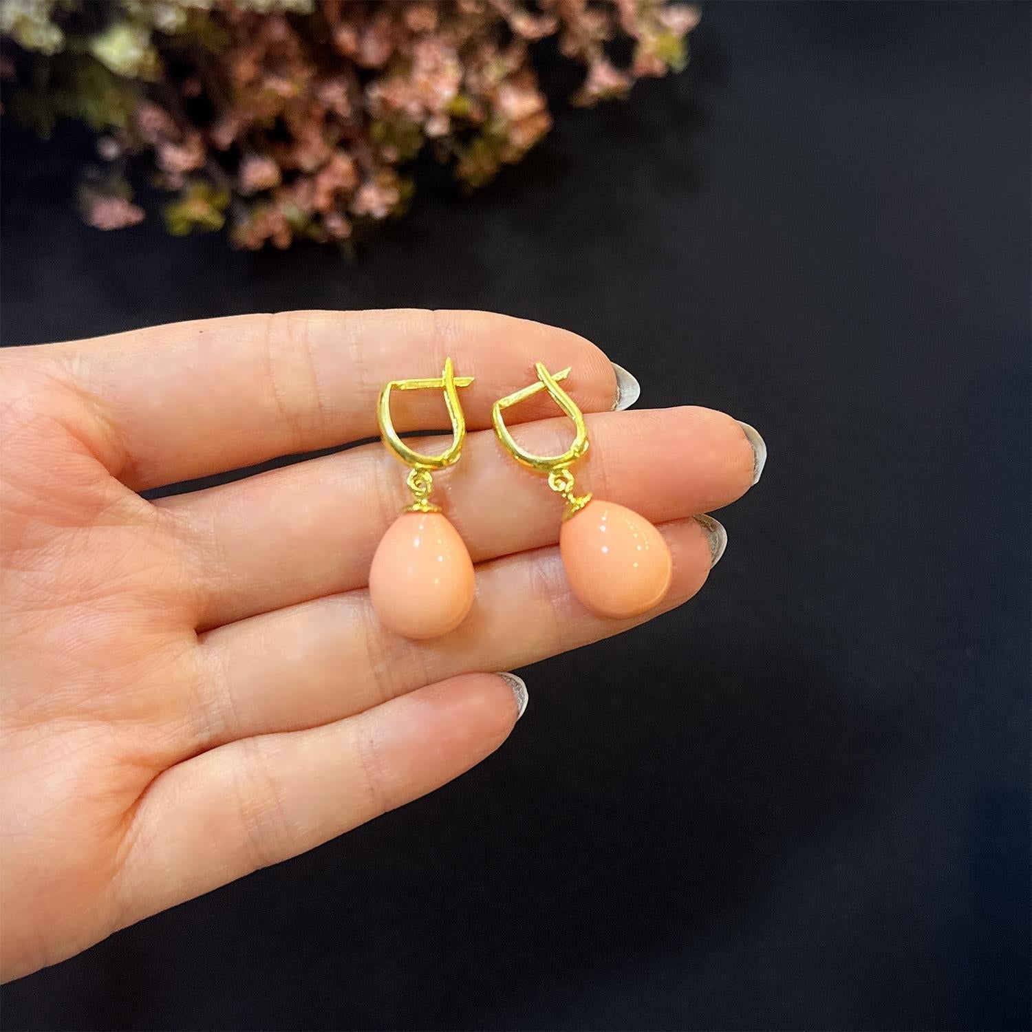 Teardrop shaped coral natural stone 925 sterling silver earrings