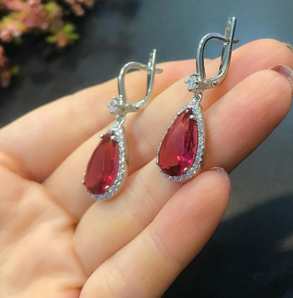 Teardrop Red Ruby Earrings | 925 Sterling Silver Earrings - Etna Gift