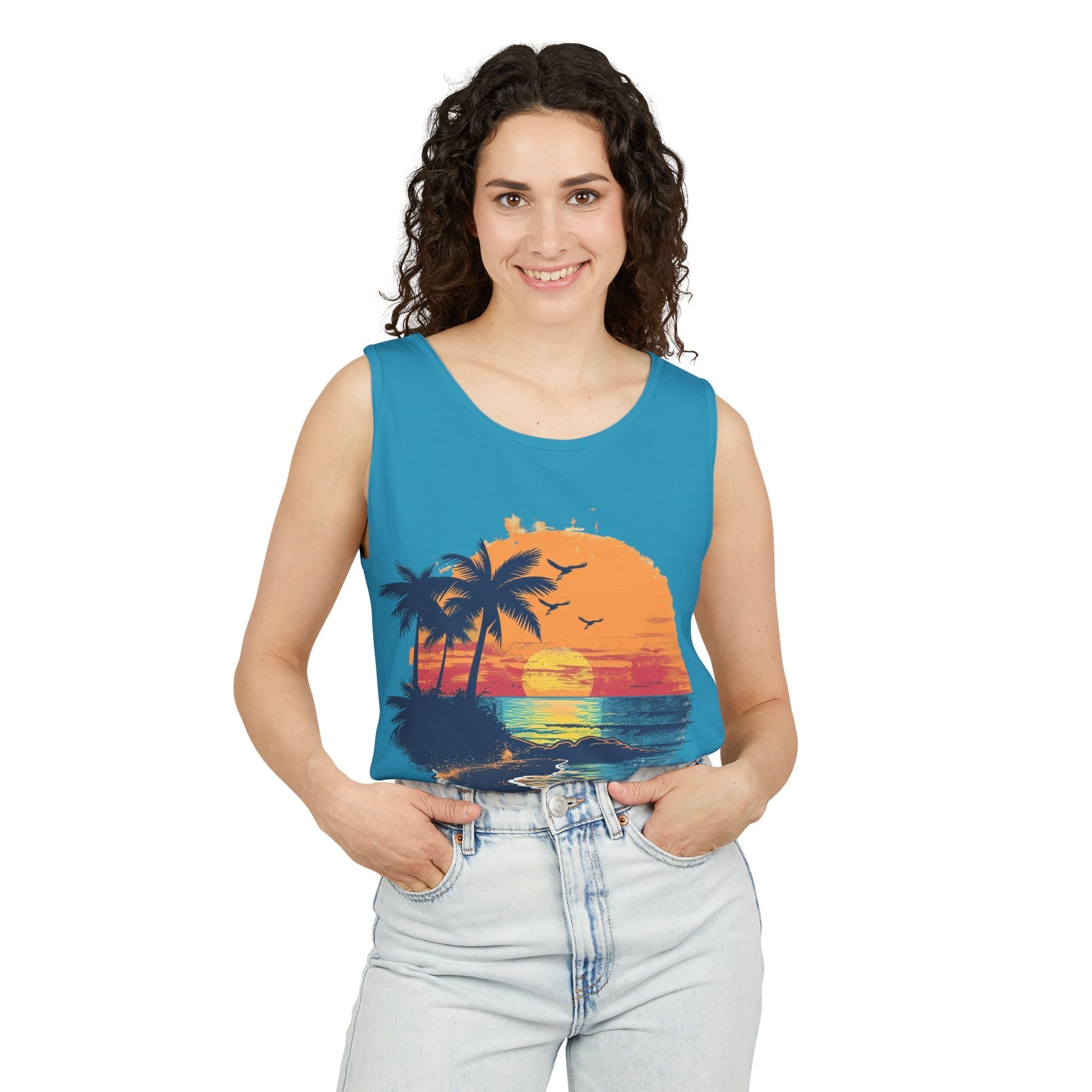 Tropical Sunset Tank Top Palm Tree Beach Graphic Tank - Etna Gift