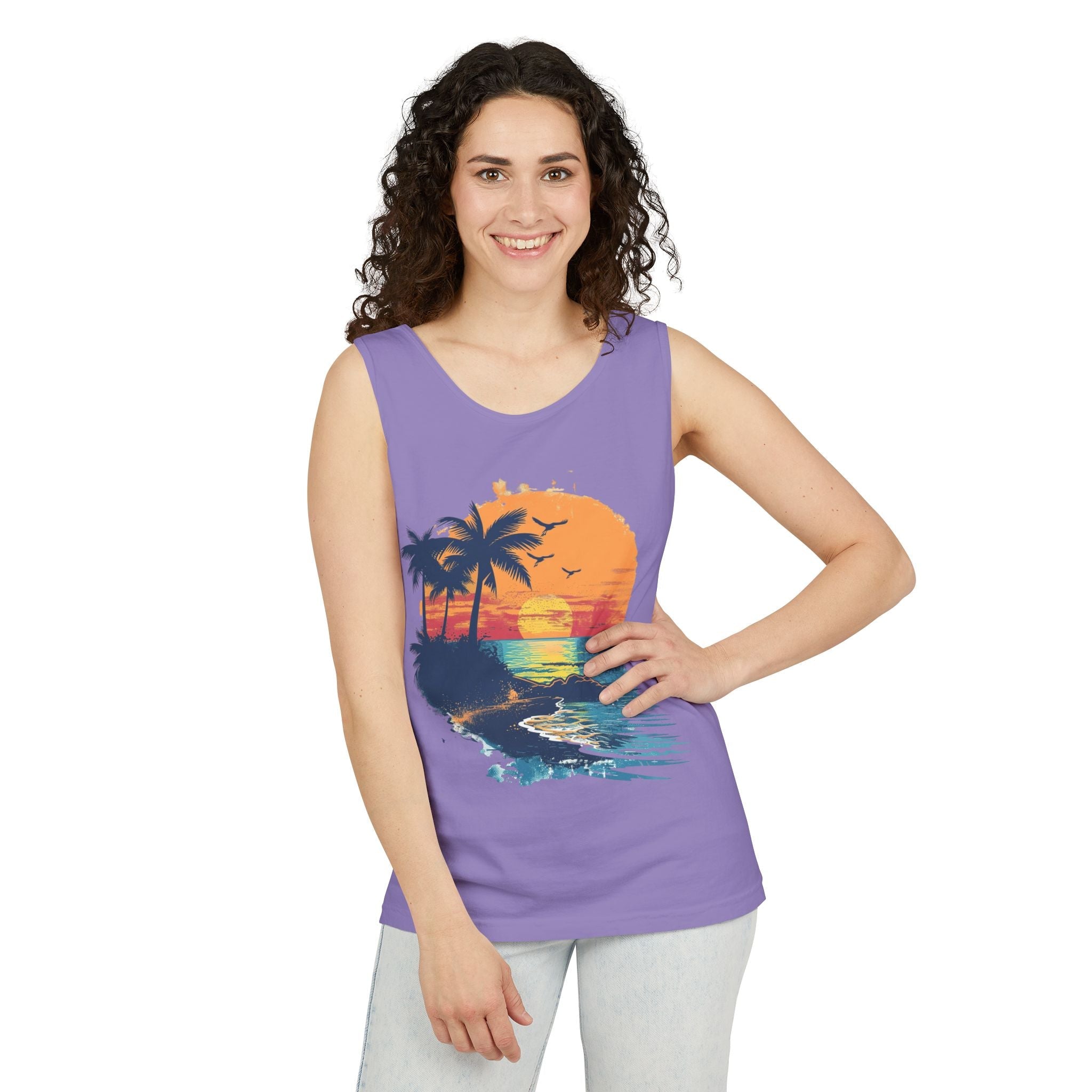 Tropical Sunset Tank Top Palm Tree Beach Graphic Tank - Etna Gift