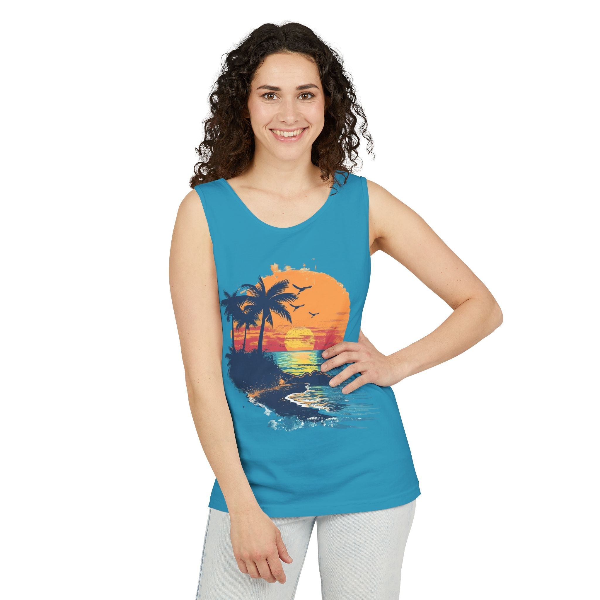Tropical Sunset Tank Top Palm Tree Beach Graphic Tank - Etna Gift