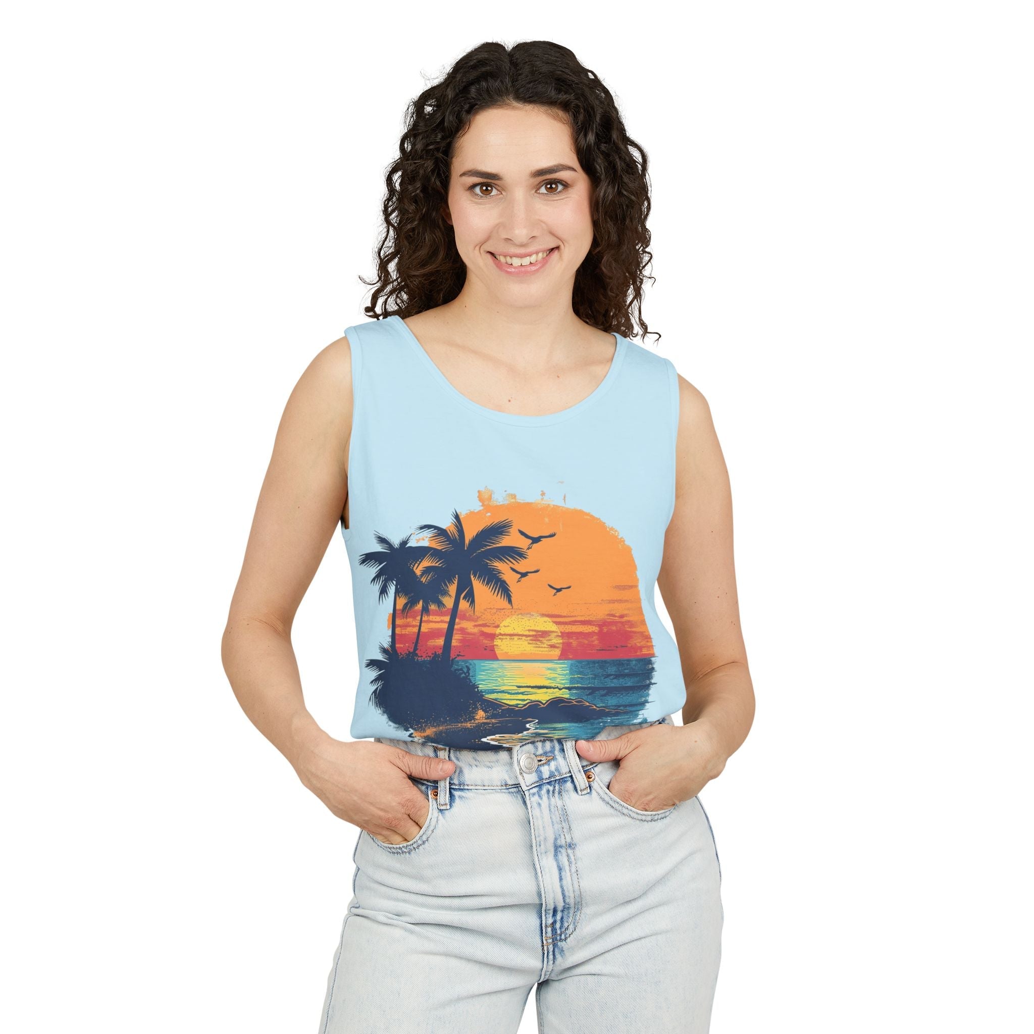 Tropical Sunset Tank Top Palm Tree Beach Graphic Tank - Etna Gift