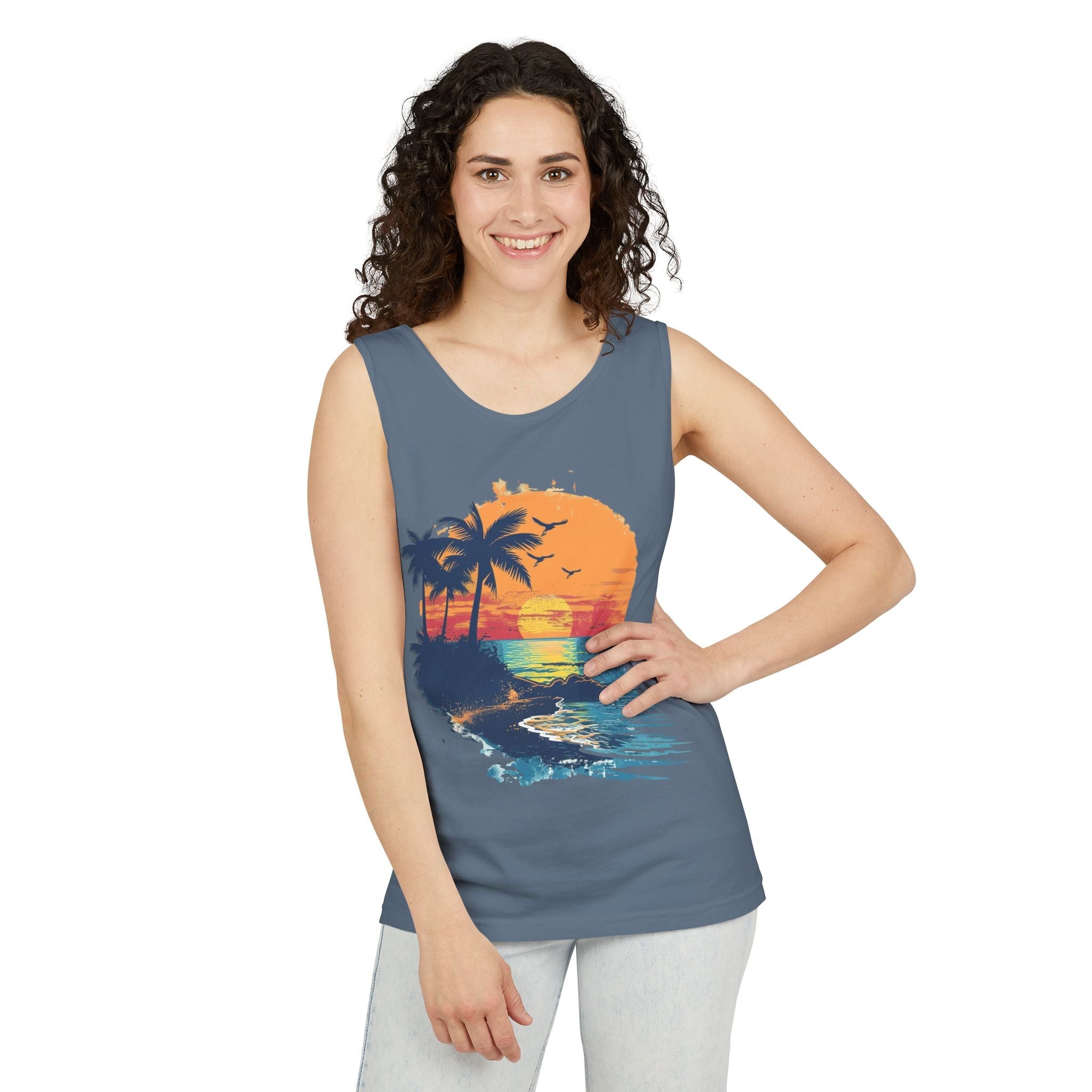 Tropical Sunset Tank Top Palm Tree Beach Graphic Tank - Etna Gift