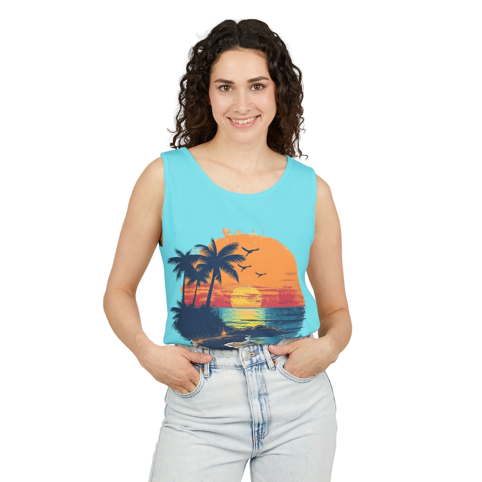 Tropical Sunset Tank Top Palm Tree Beach Graphic Tank - Etna Gift
