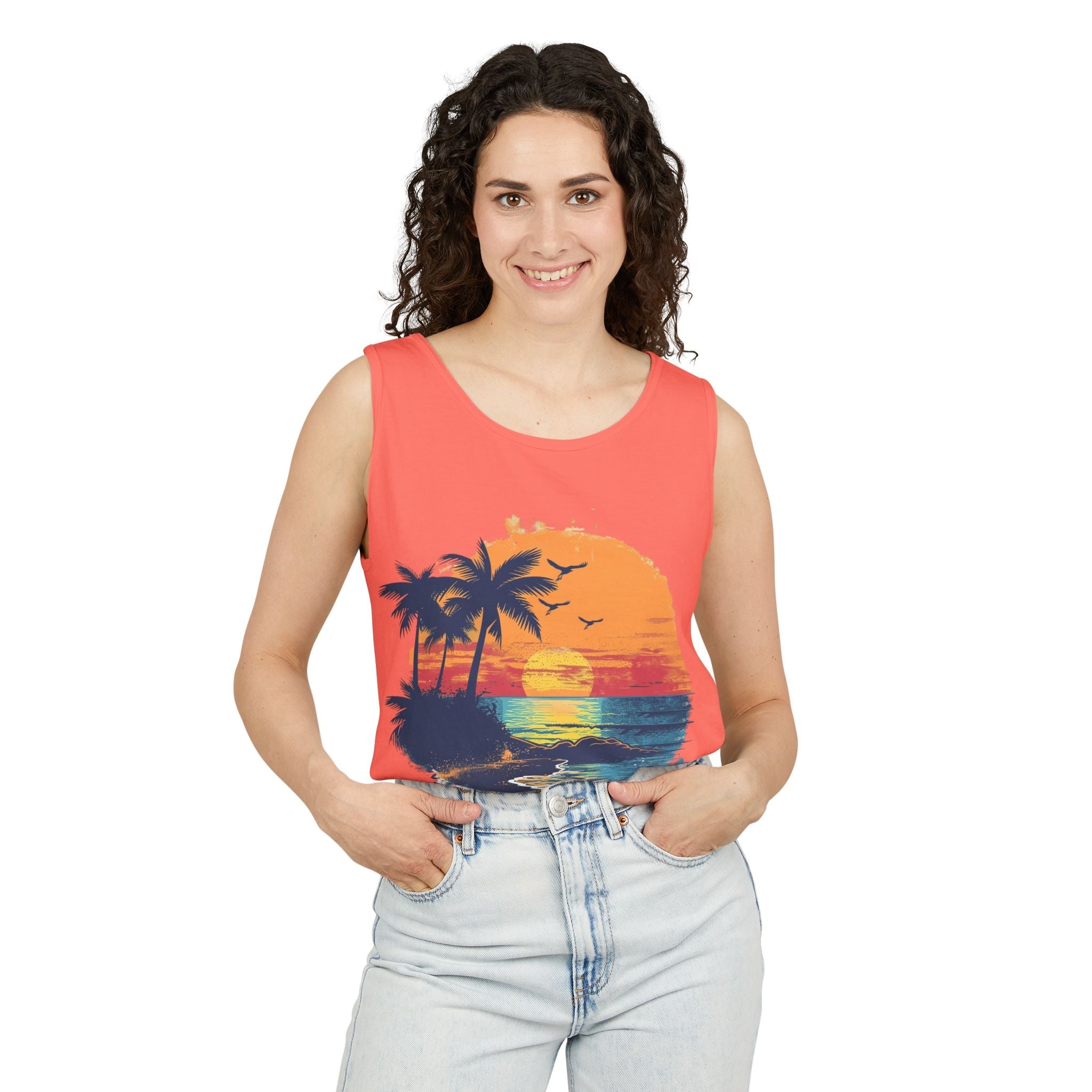 Tropical Sunset Tank Top Palm Tree Beach Graphic Tank - Etna Gift