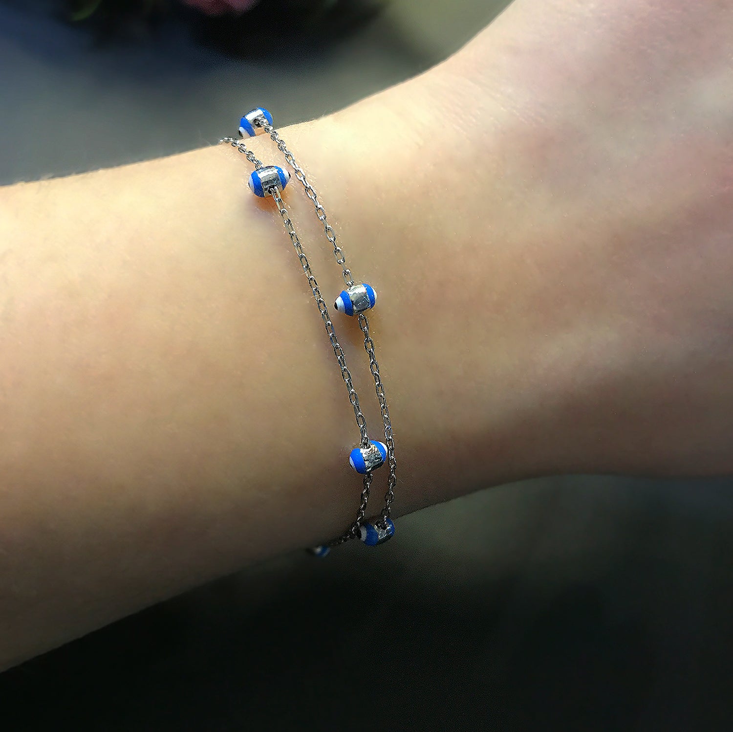 Nazar bead silver 2 row bracelet 925 sterling silver bracelet