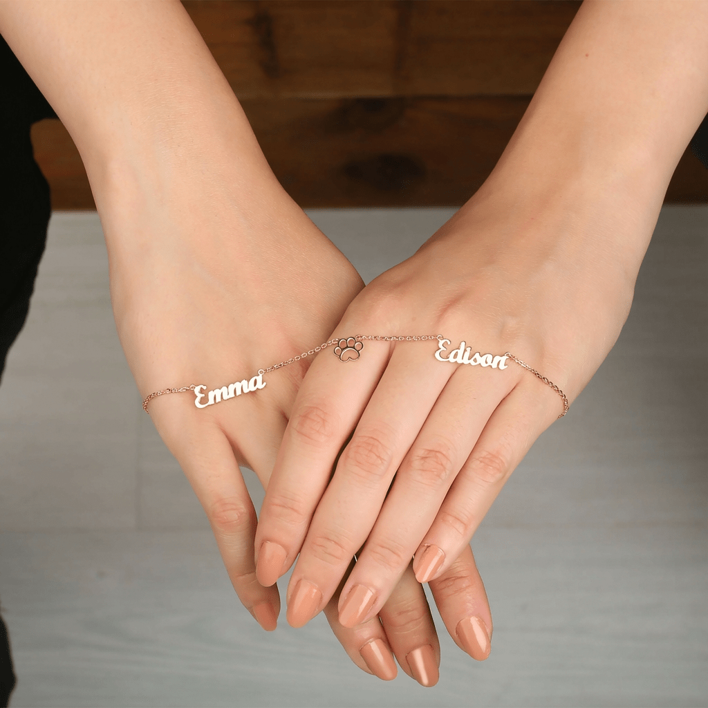 Two - name necklace with a dog paw in the center, 925 sterling silver name necklace - Etna Gift
