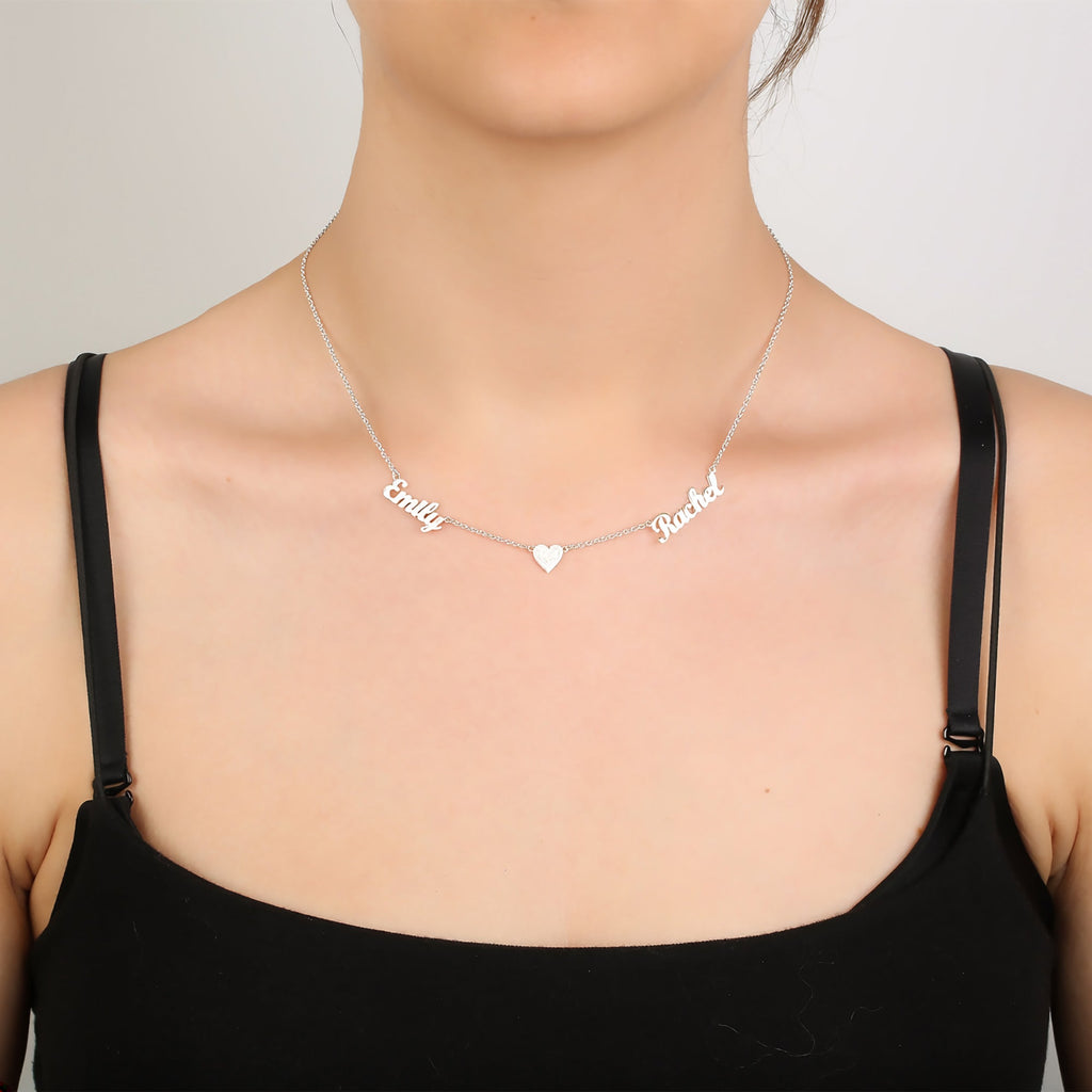 Two - name necklace with heart in the middle, 925 sterling silver name necklace - Etna Gift